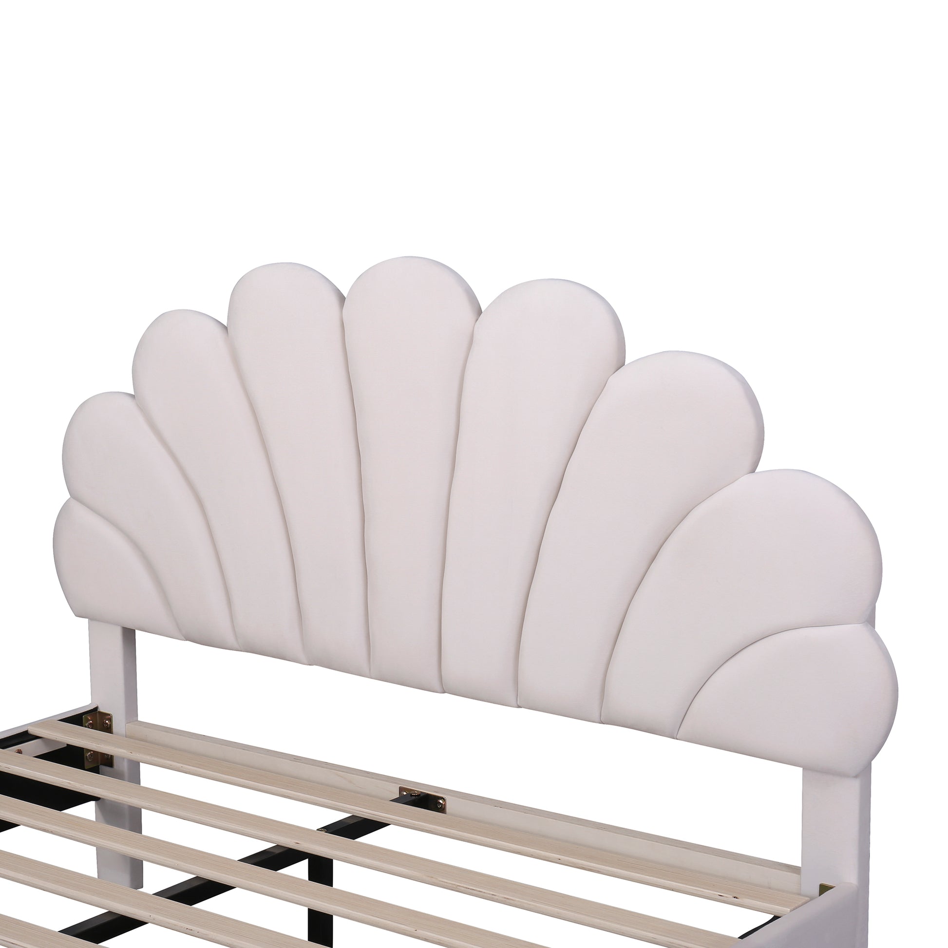 Full Size Upholstered Platform Bed With Flower Pattern Velvet Headboard, Beige Beige Velvet