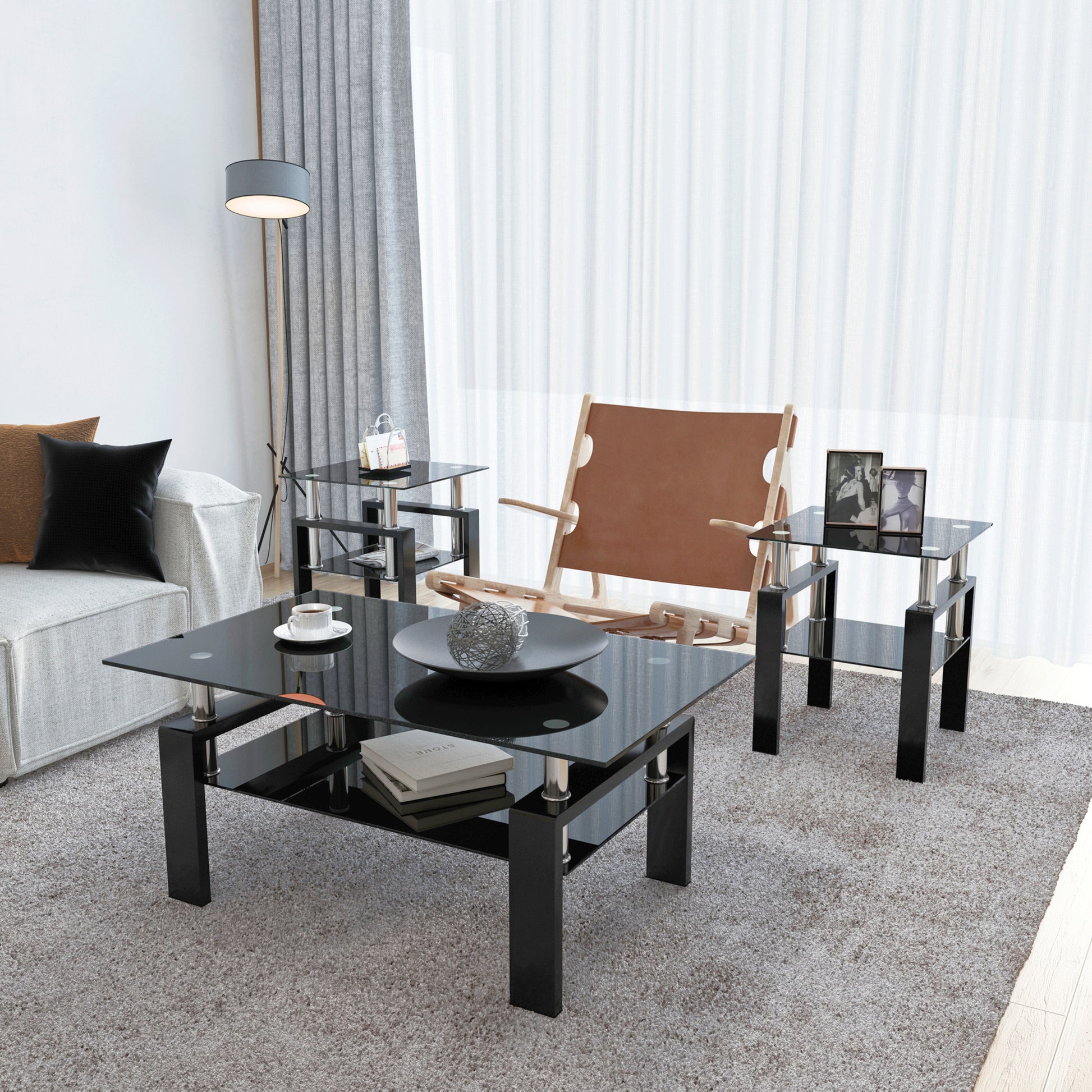 Set Of 2, Modern Tempered Glass Tea Table Coffee Table End Table, Square Table For Living Room, Black Black Tempered Glass
