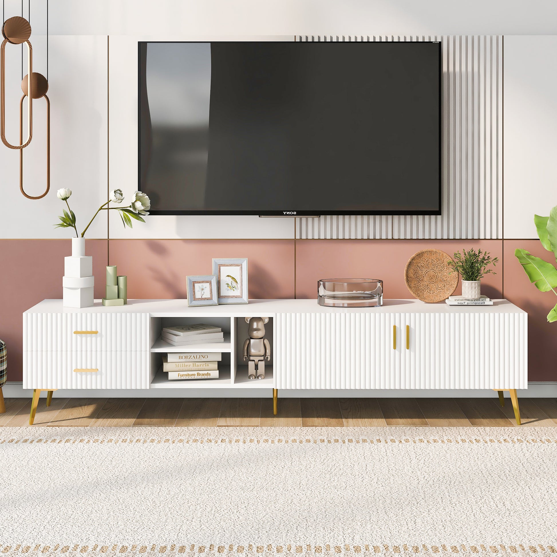 Modern Tv Stand With 5 Champagne Legs Durable, Stylish, Spacious, Versatile Storage Tvs Up To 77" White White Mdf