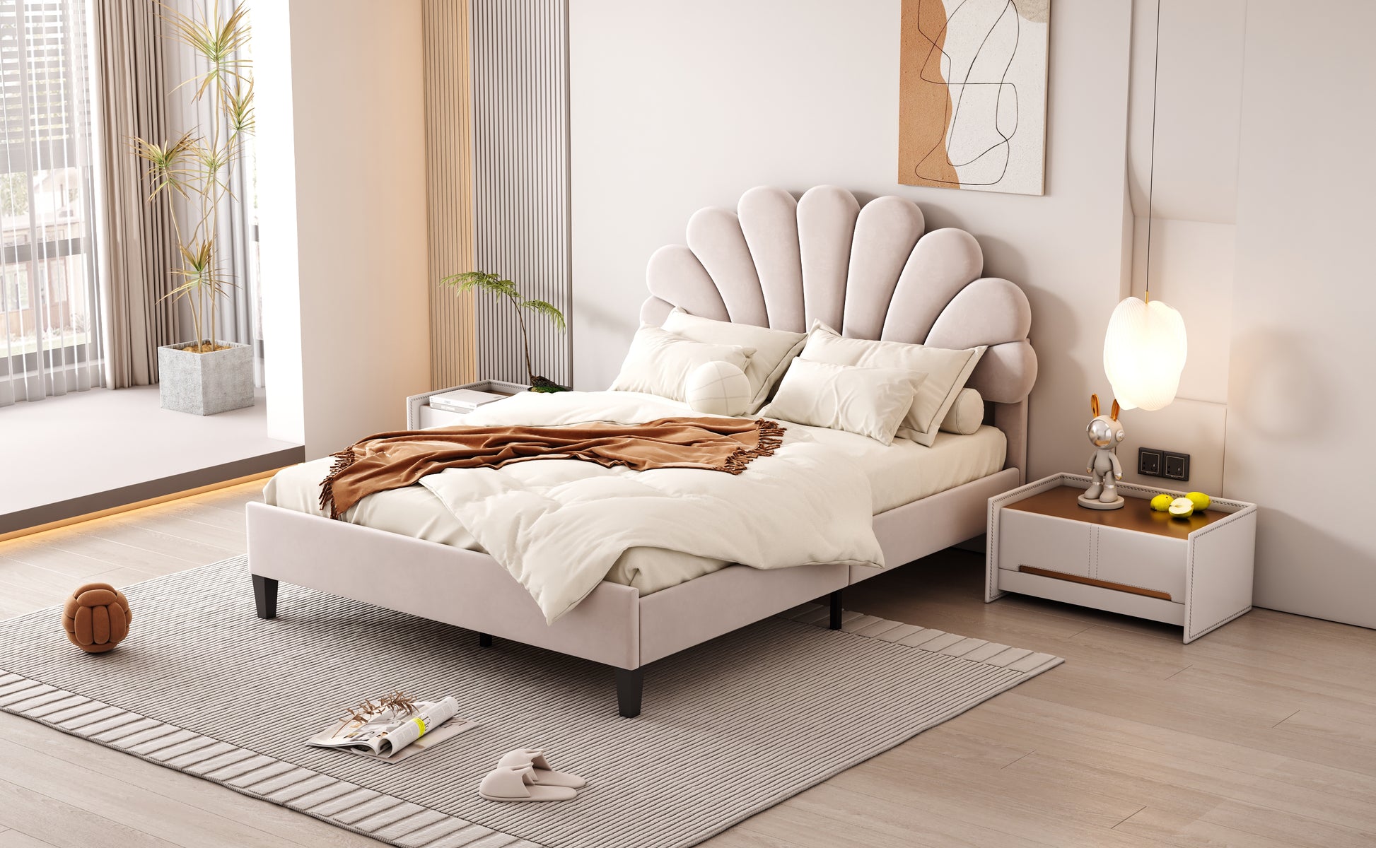 Full Size Upholstered Platform Bed With Flower Pattern Velvet Headboard, Beige Beige Velvet