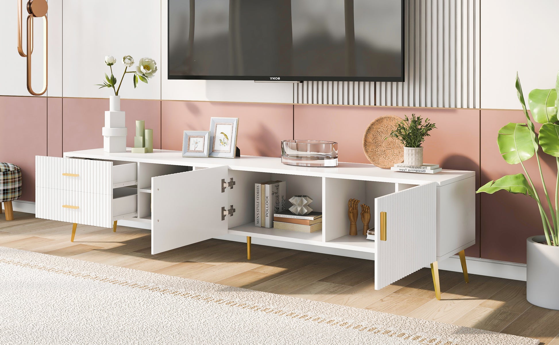 Modern Tv Stand With 5 Champagne Legs Durable, Stylish, Spacious, Versatile Storage Tvs Up To 77" White White Mdf