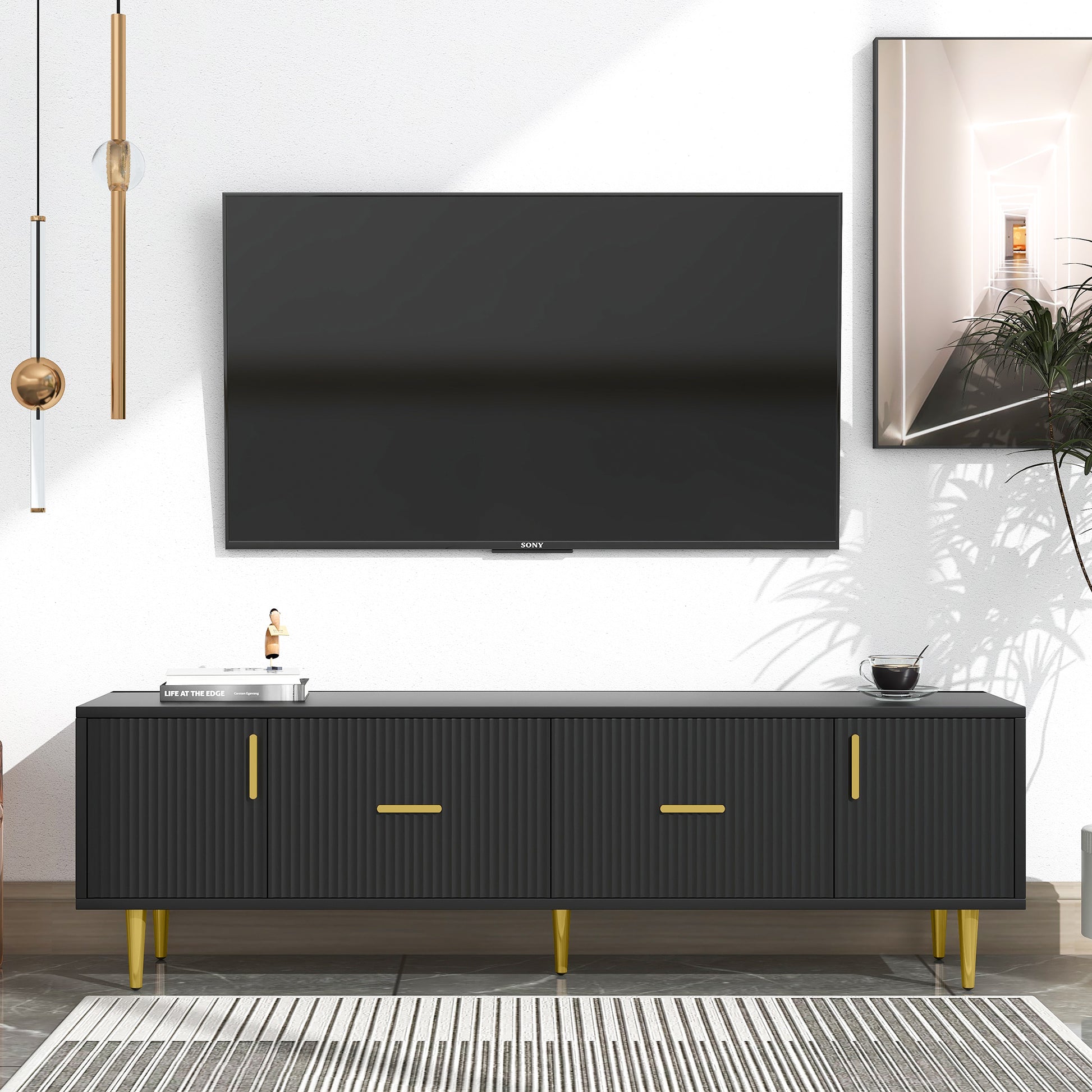 Modern Tv Stand With 5 Champagne Legs Durable, Stylish And Spacious, Tvs Up To 75'' Black 70 79 Inches Mdf