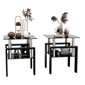 Set Of 2, Modern Tempered Glass Tea Table Coffee Table End Table, Square Table For Living Room, Black Black Tempered Glass