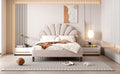 Full Size Upholstered Platform Bed With Flower Pattern Velvet Headboard, Beige Beige Velvet