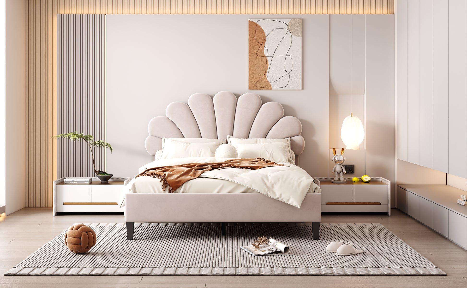Full Size Upholstered Platform Bed With Flower Pattern Velvet Headboard, Beige Beige Velvet
