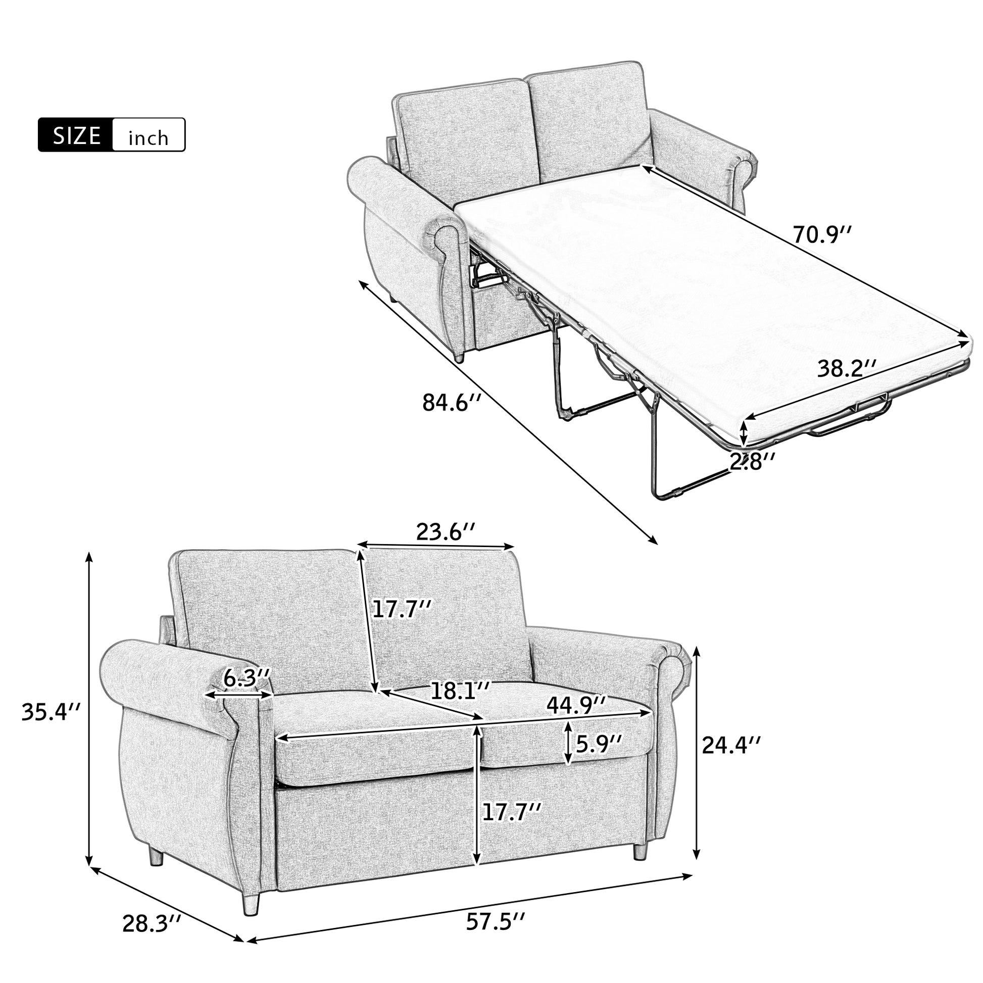 57.5" Orisfur Pull Out Sofa Bed Loveseat Sleeper With Twin Size Memory Mattress For Living Room Spaces, Gray Gray Foam Linen