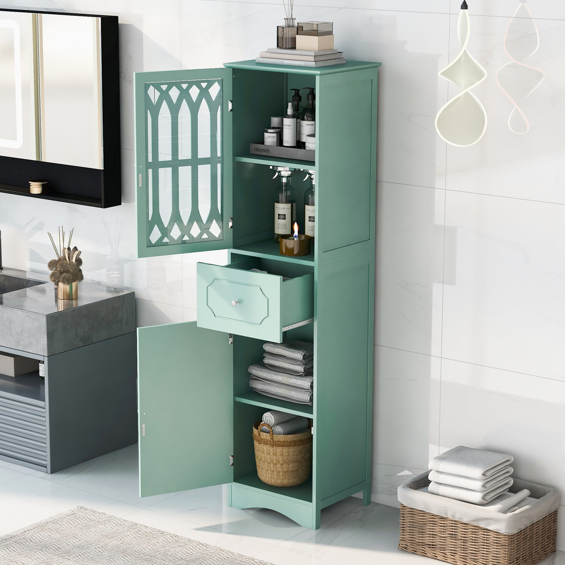 Tall Bathroom Cabinet, Freestanding Storage Cabinet With Drawer And Doors, Mdf Board, Acrylic Door, Adjustable Shelf, Green Green Mdf