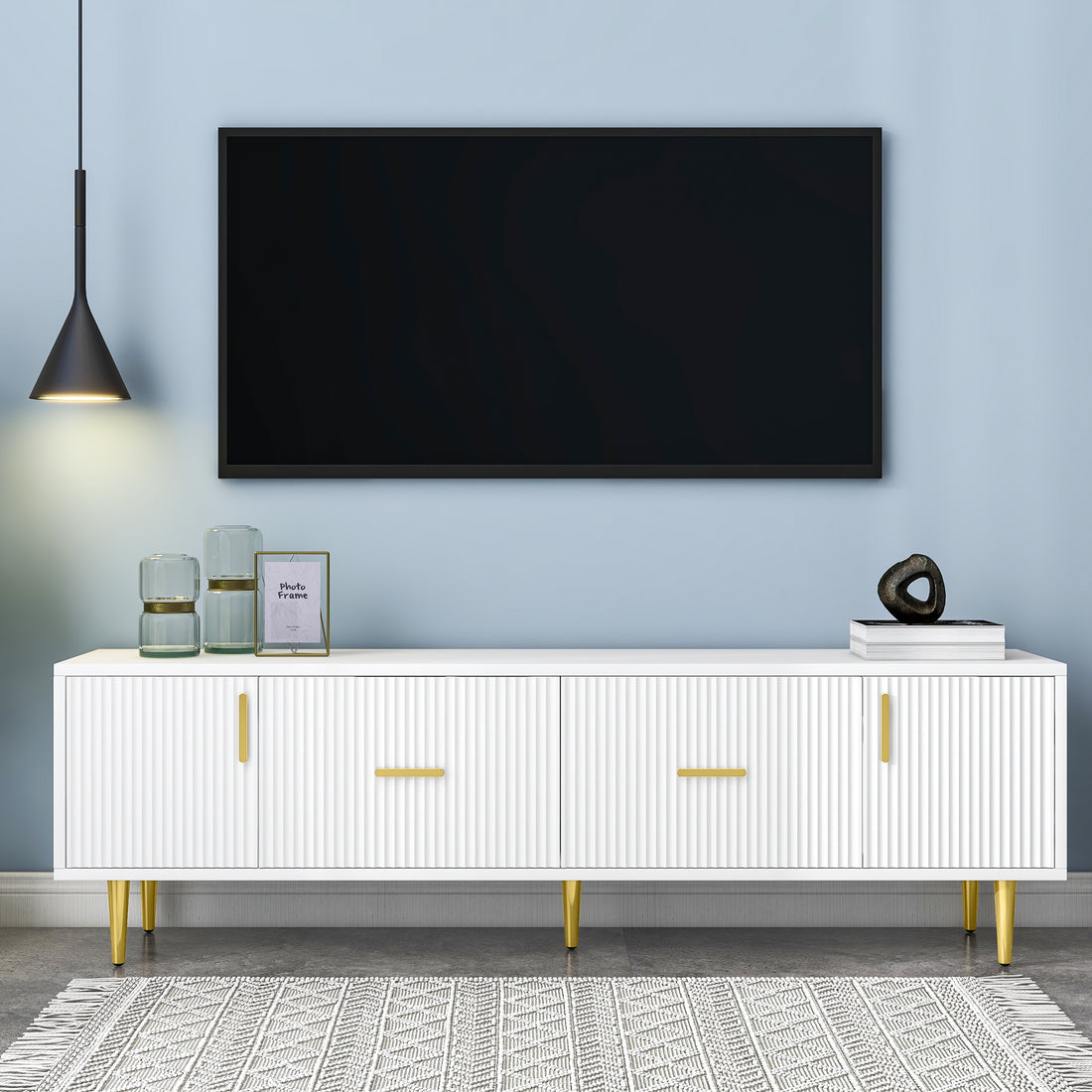 Modern Tv Stand With 5 Champagne Legs Durable, Stylish And Spacious, Tvs Up To 75'' White Mdf