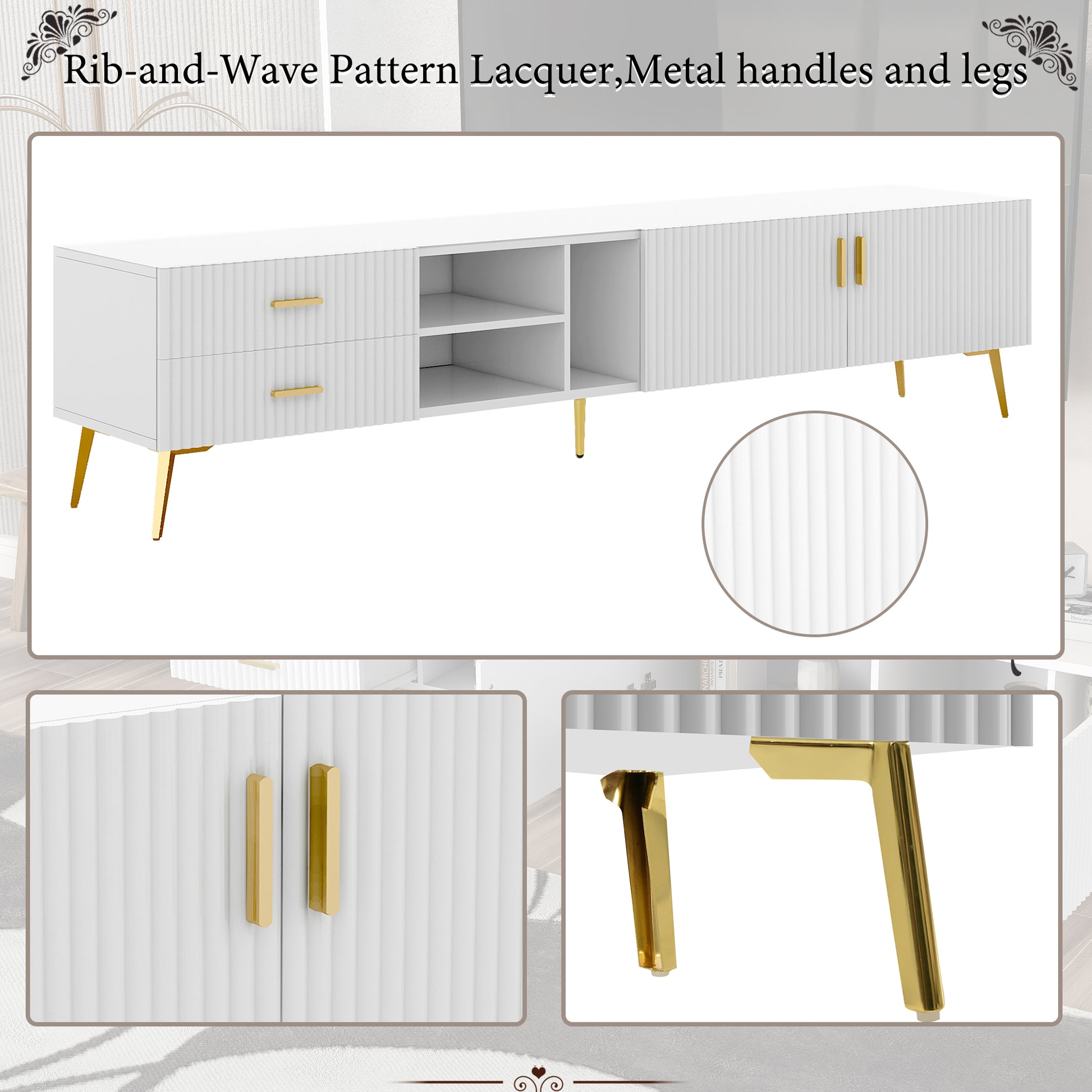 Modern Tv Stand With 5 Champagne Legs Durable, Stylish, Spacious, Versatile Storage Tvs Up To 77" White White Mdf