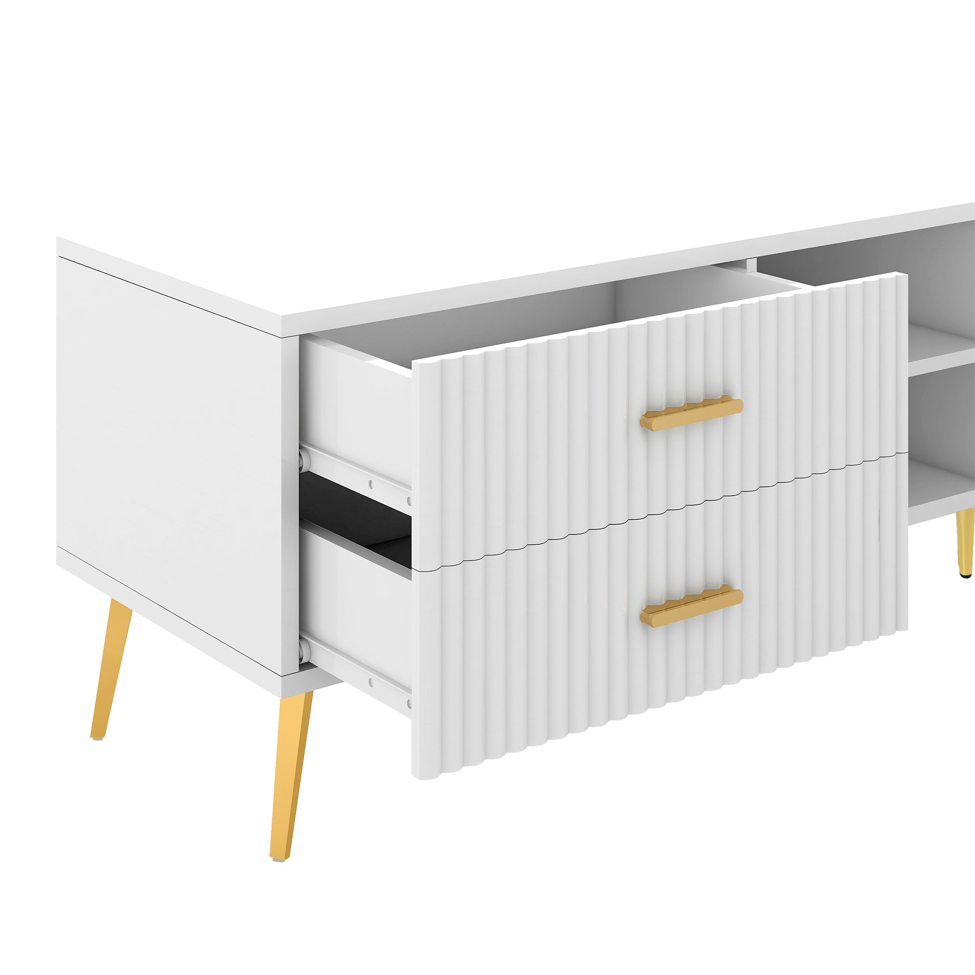 Modern Tv Stand With 5 Champagne Legs Durable, Stylish, Spacious, Versatile Storage Tvs Up To 77" White White Mdf