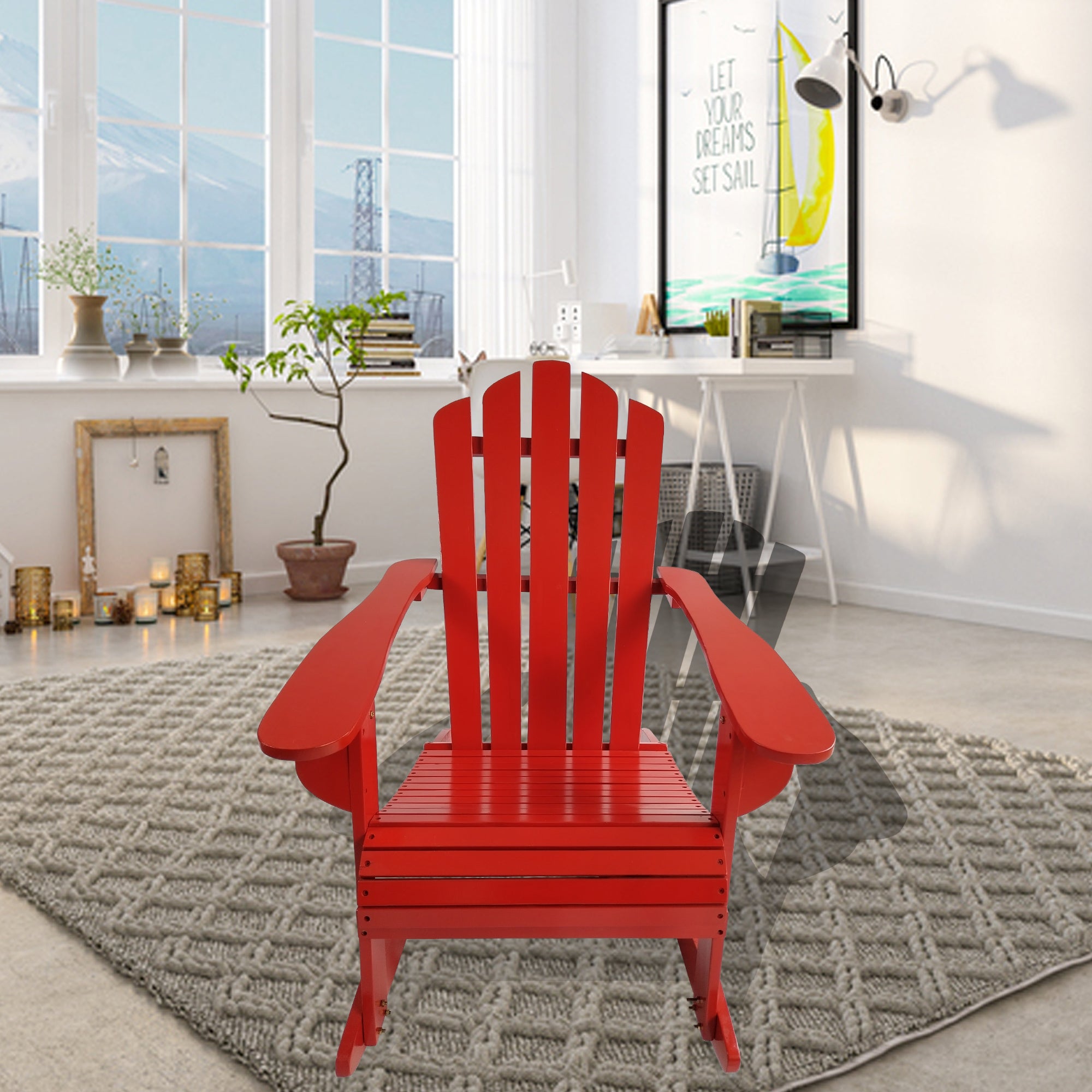 Reclining Wooden Outdoor Rocking Adirondack Chair, Red Red Solid Wood