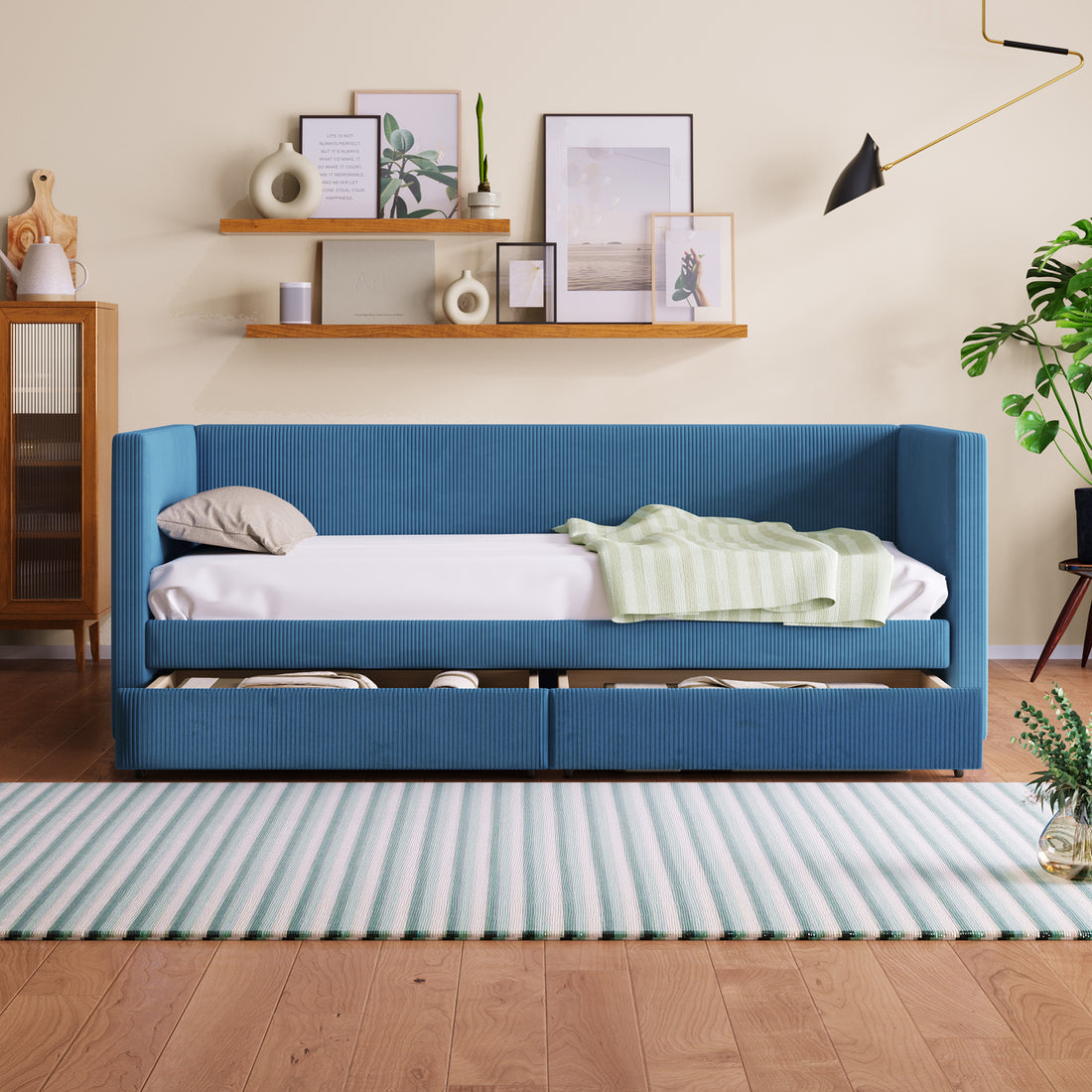 Twin Size Corduroy Daybed With Two Drawers And Wood Slat, Blue Blue Corduroy