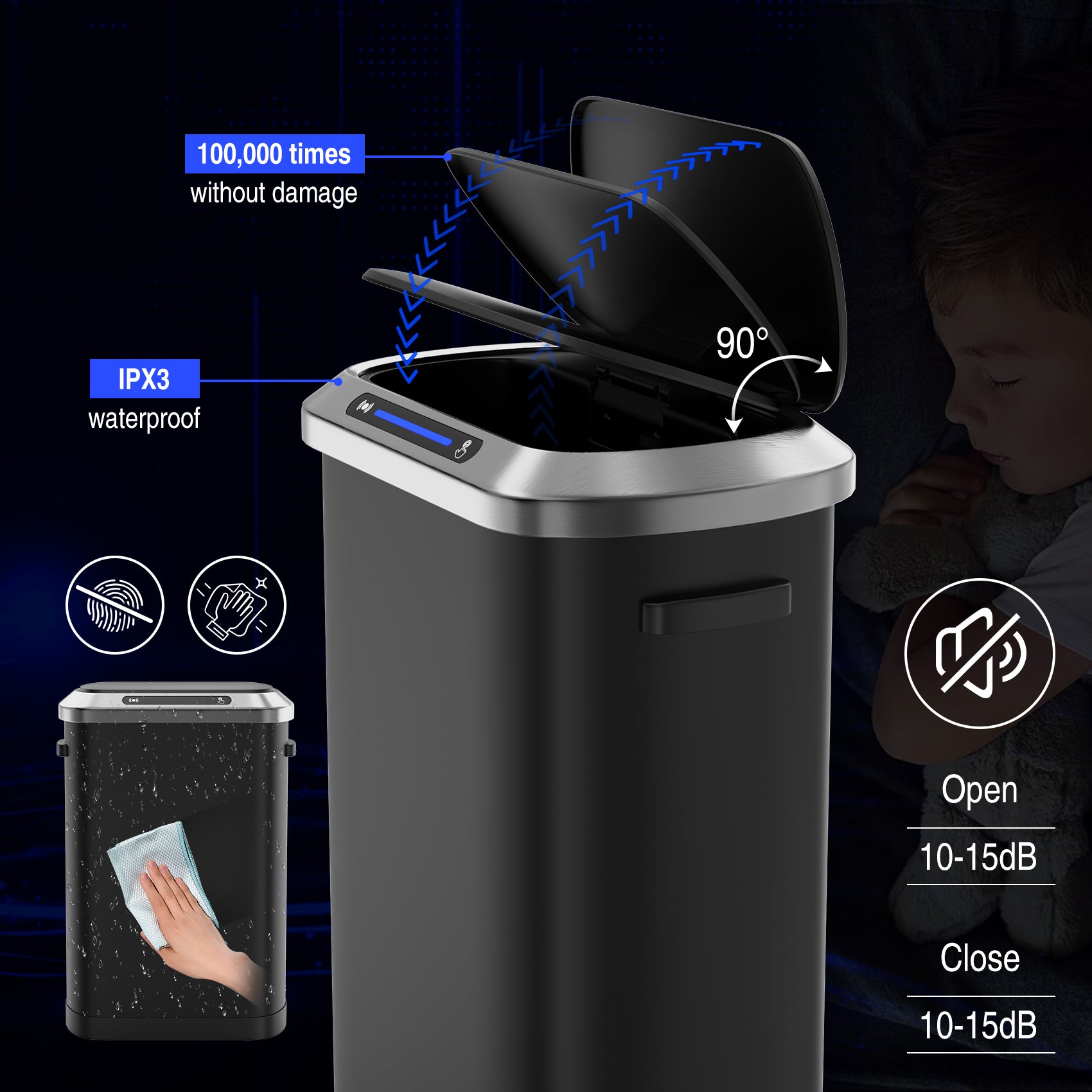 50L Smart Automatic Trash Cans Full Intelligent Sensor Black Black Steel