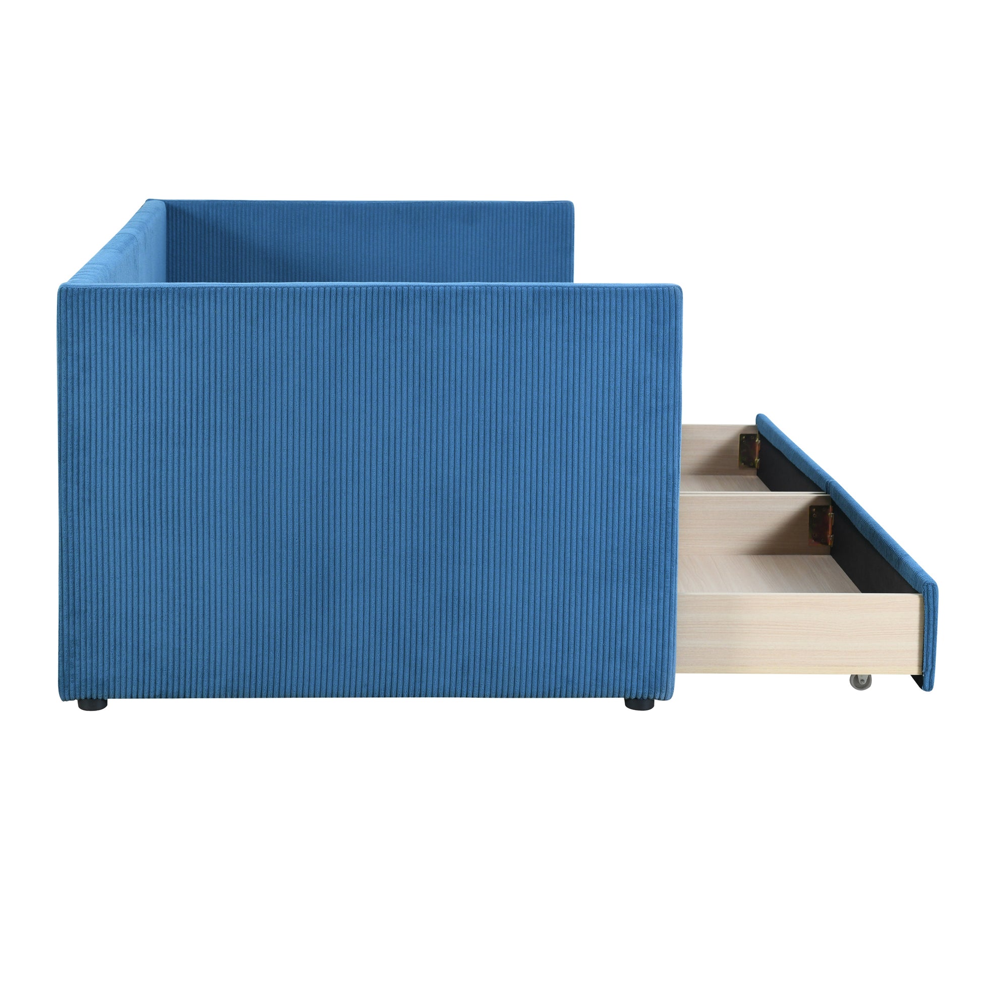 Twin Size Corduroy Daybed With Two Drawers And Wood Slat, Blue Blue Corduroy