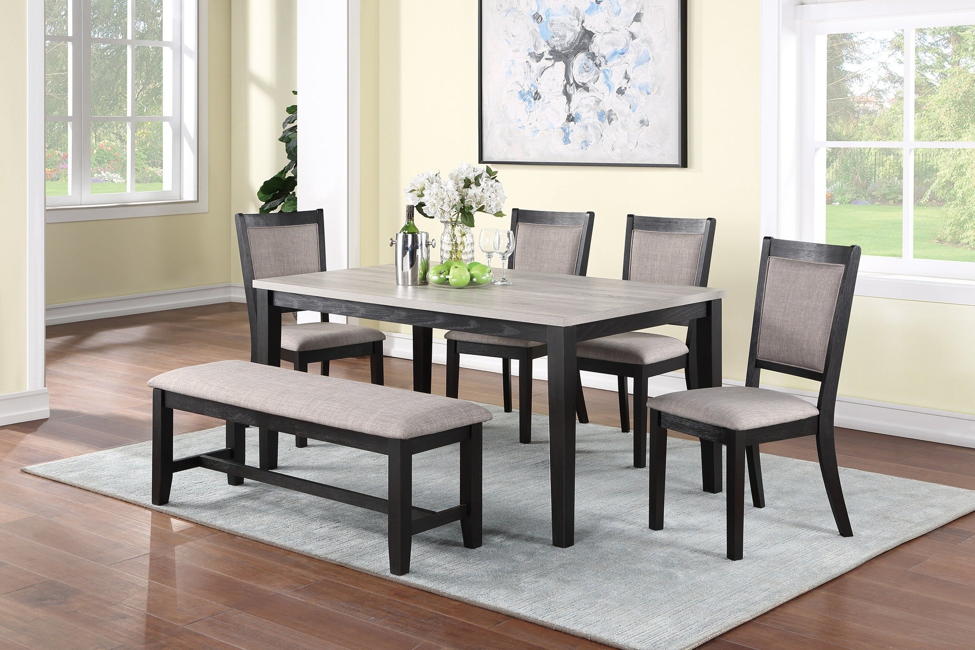 Contemporary Dining 6Pc Set Table W 4X Side Chairs And Bench Padded Upholstered Cushion Seats Chairs Solid Wood And Veneers Dining Room Furniture Wood Dining Room Bench Seating Rubberwood Rectangular Dining Table With Chair And Bench Upholstered Chair