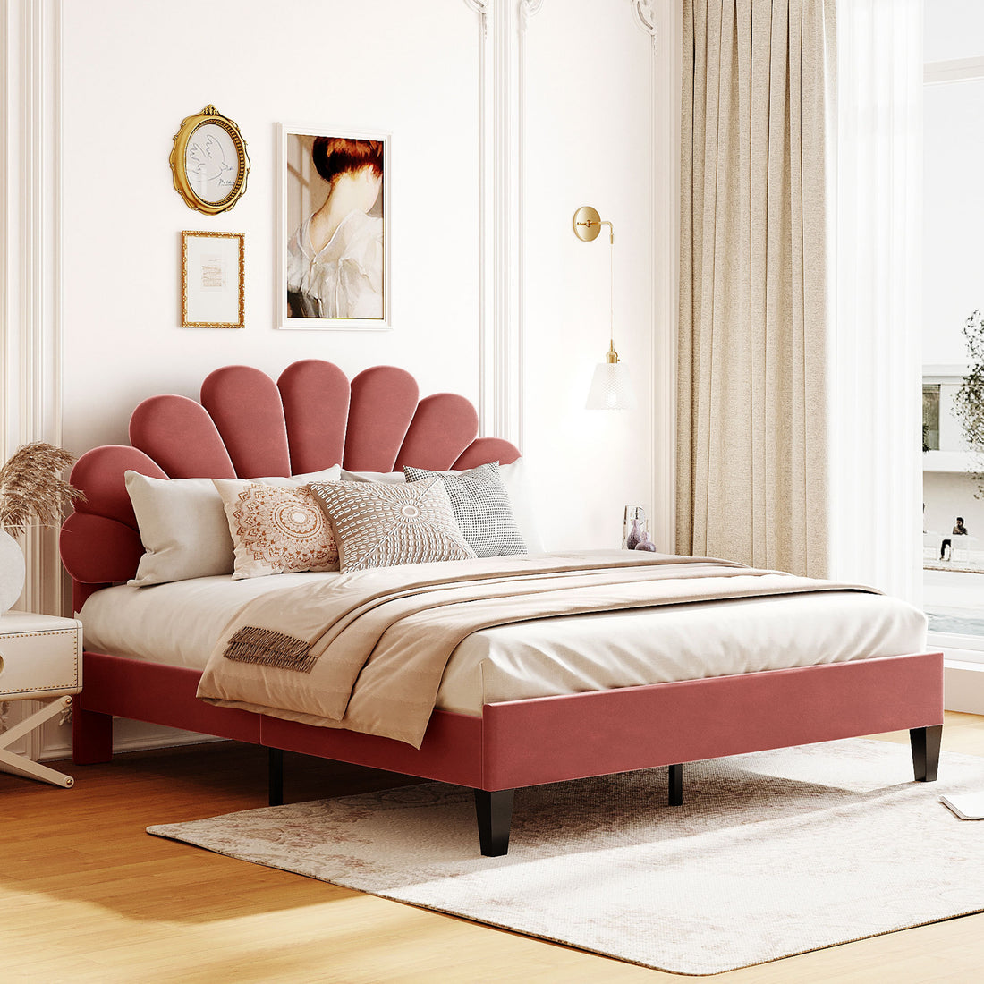 Queen Size Upholstered Platform Bed With Flower Pattern Velvet Headboard, Bean Paste Red Bean Paste Red Velvet