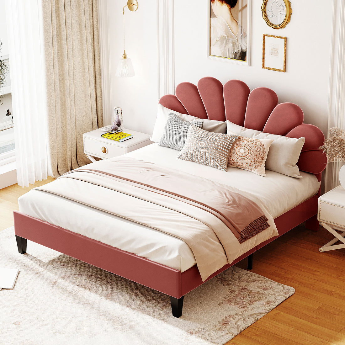 Queen Size Upholstered Platform Bed With Flower Pattern Velvet Headboard, Bean Paste Red Bean Paste Red Velvet