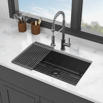 Gunmetal Black Kitchen Sink 33" Undermount Single Bowl Kitchen Basin 18 Gauge Stainless Steel With 9 Inch Deep Gunmetal Black Stainless Steel