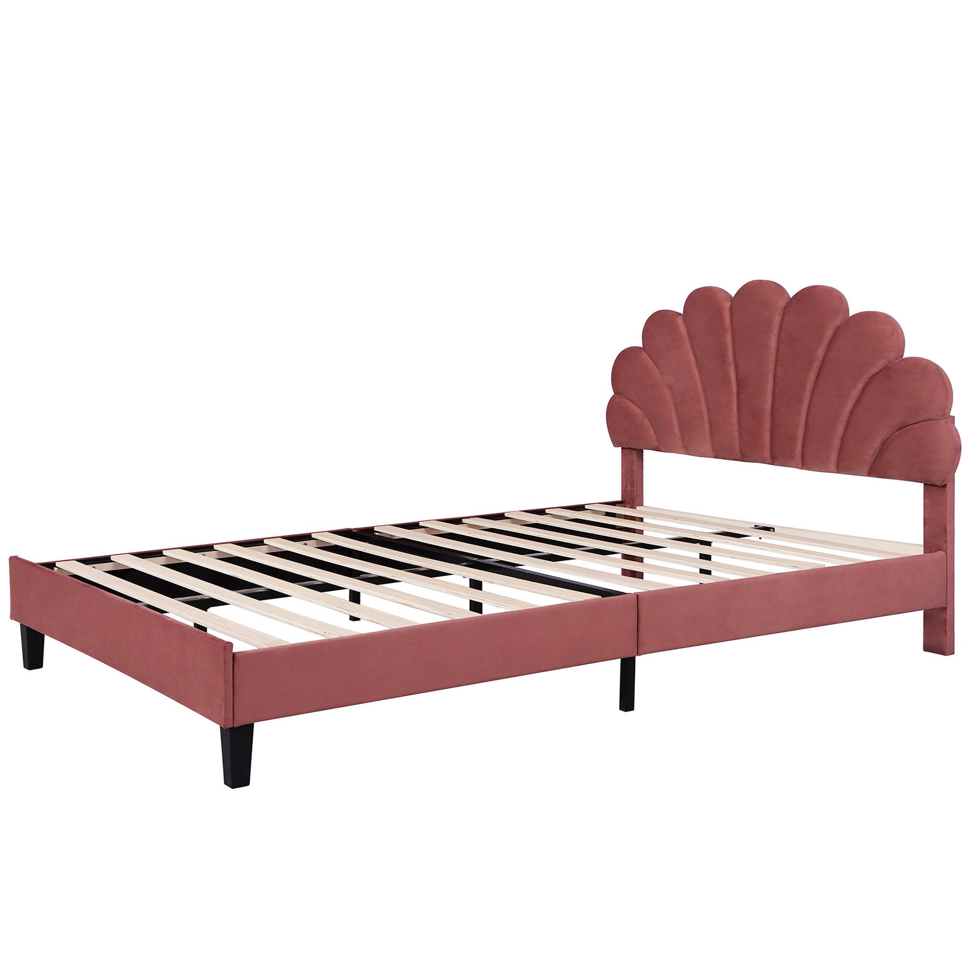 Queen Size Upholstered Platform Bed With Flower Pattern Velvet Headboard, Bean Paste Red Bean Paste Red Velvet