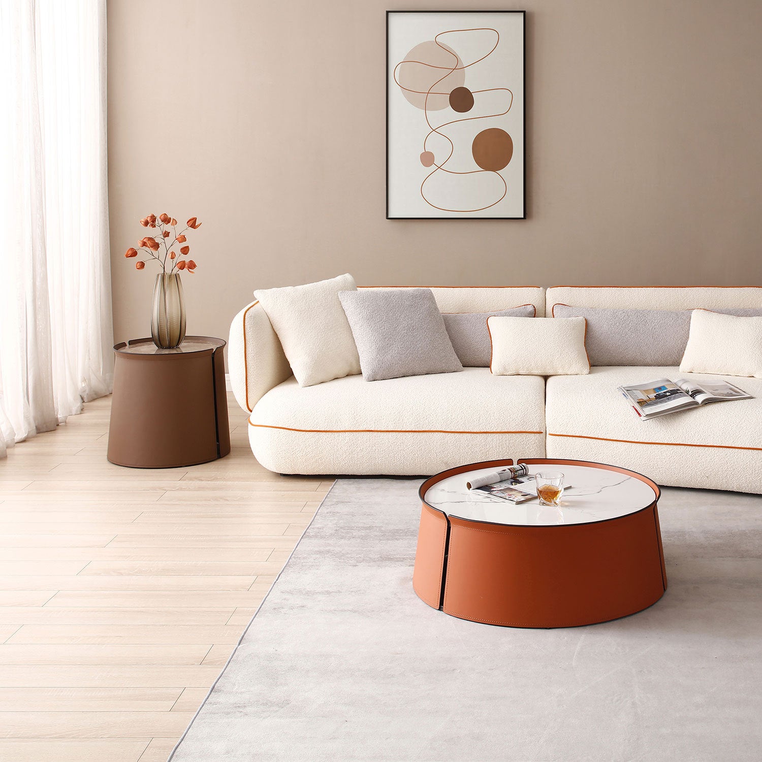 Not Available On 31.5Inch Coffee Table, Marble Top Orange Saddle Leather Body Iron Frame Orange Metal