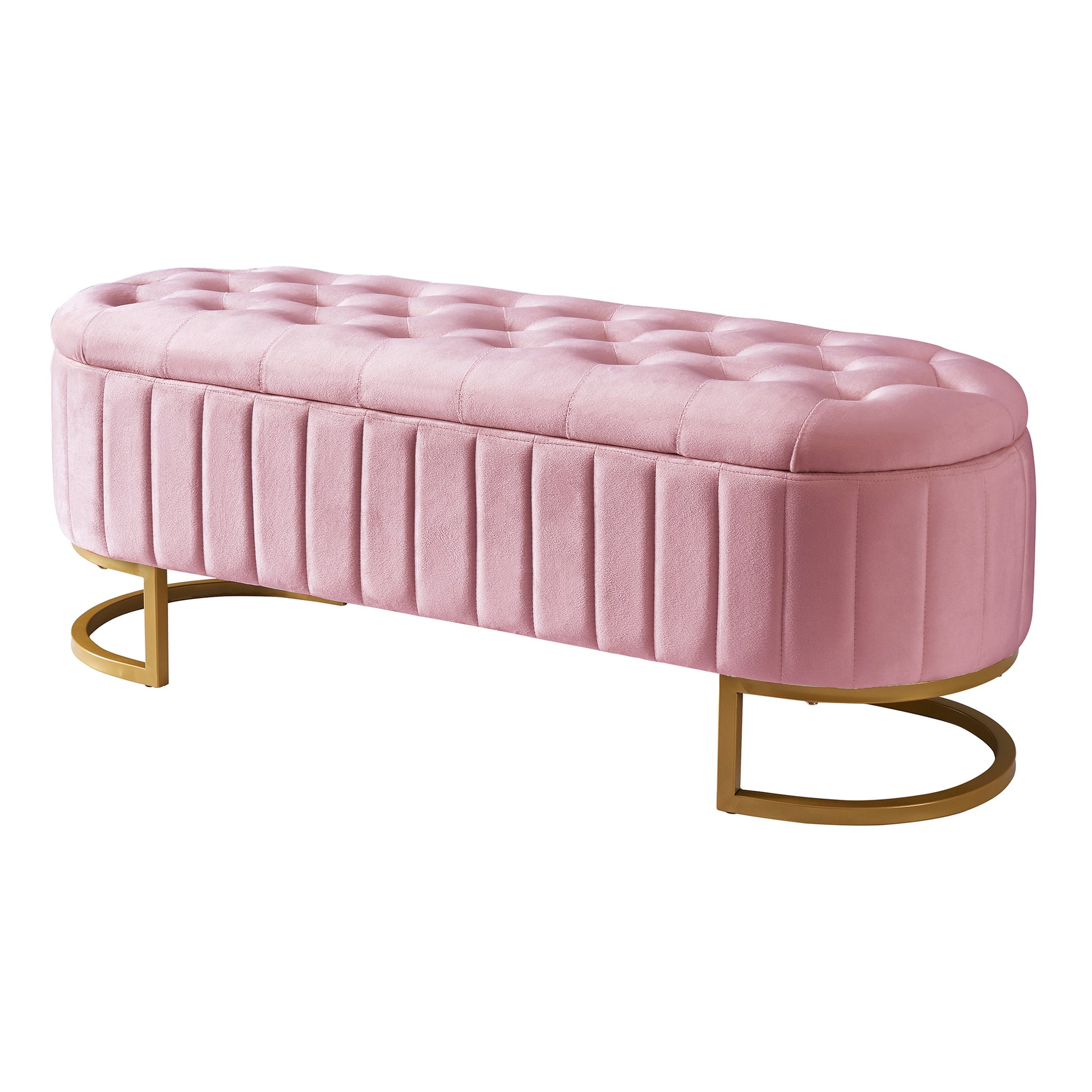 Elegant Upholstered Velvet Storage Ottoman With Button Tufted,Storage Bench With Metal Legs For Bedroom,Living Room,Fully Assembled Except Legs,Pink Pink Velvet