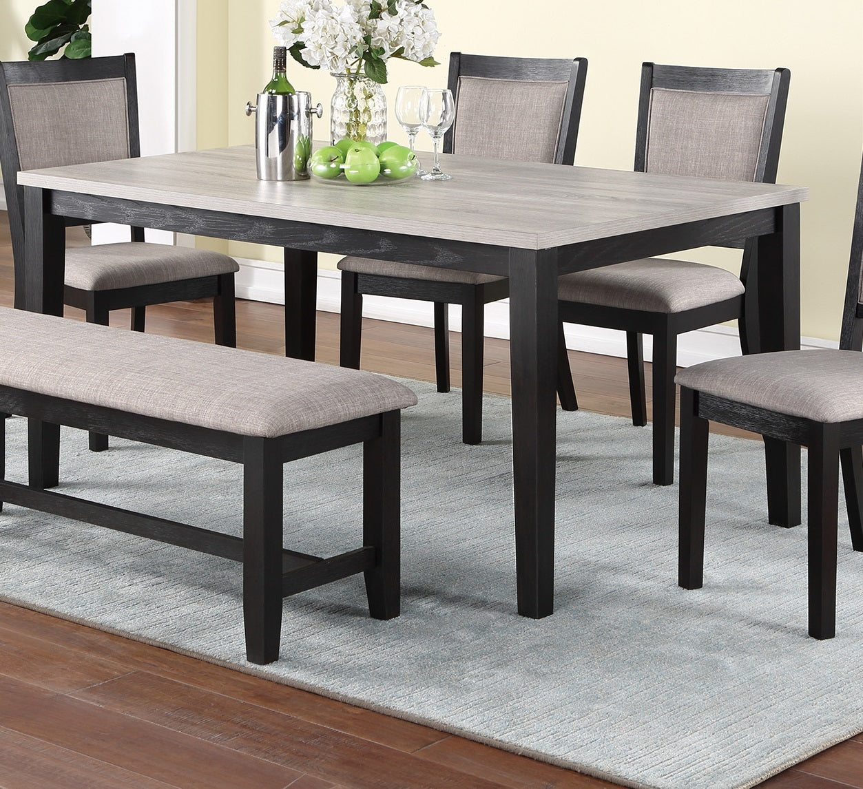 Contemporary Dining 6Pc Set Table W 4X Side Chairs And Bench Padded Upholstered Cushion Seats Chairs Solid Wood And Veneers Dining Room Furniture Wood Dining Room Bench Seating Rubberwood Rectangular Dining Table With Chair And Bench Upholstered Chair