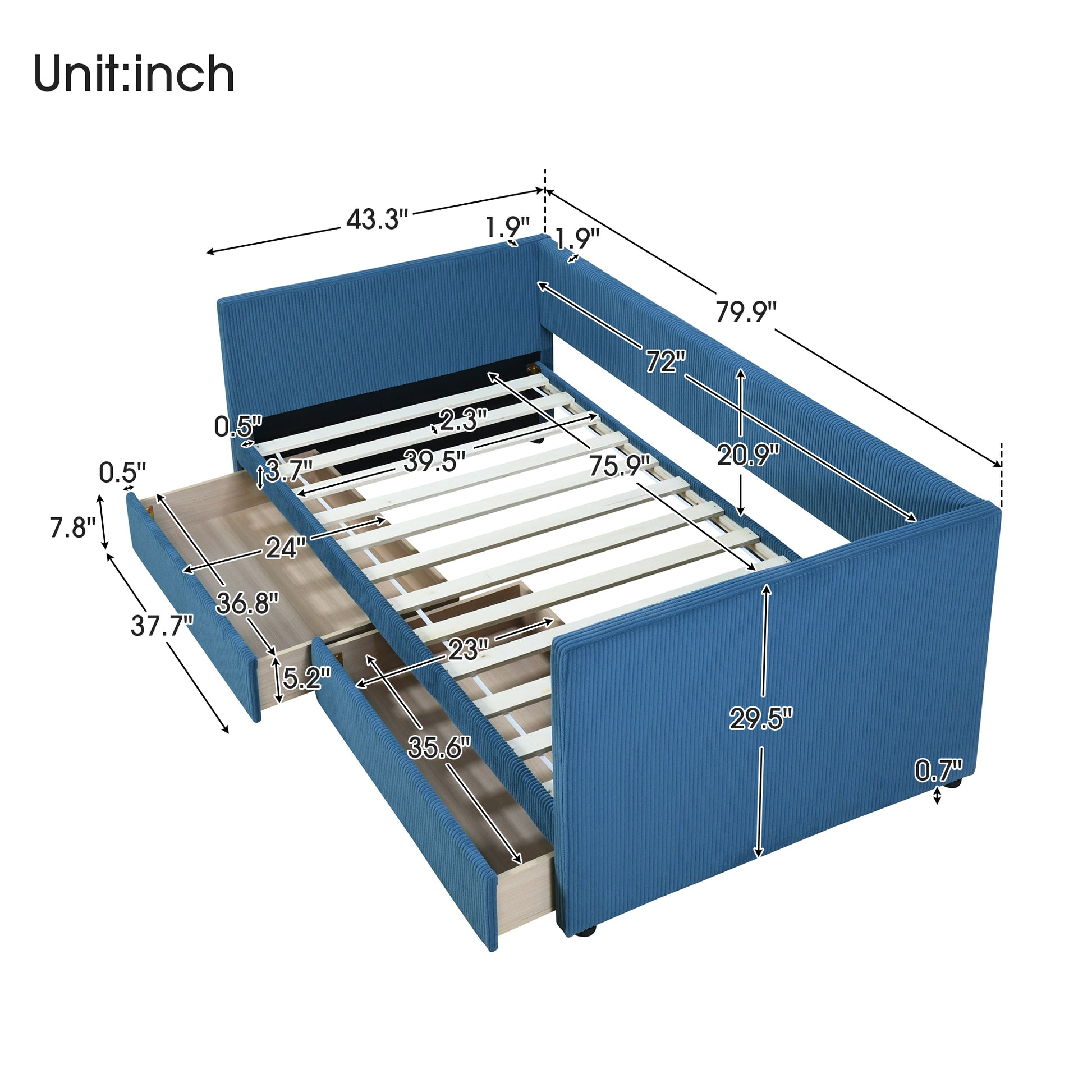 Twin Size Corduroy Daybed With Two Drawers And Wood Slat, Blue Blue Corduroy