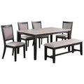 Contemporary Dining 6Pc Set Table W 4X Side Chairs And Bench Padded Upholstered Cushion Seats Chairs Solid Wood And Veneers Dining Room Furniture Wood Dining Room Bench Seating Rubberwood Rectangular Dining Table With Chair And Bench Upholstered Chair