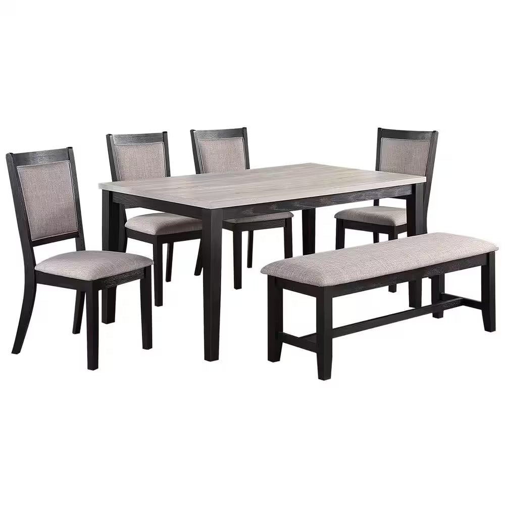 Contemporary Dining 6Pc Set Table W 4X Side Chairs And Bench Padded Upholstered Cushion Seats Chairs Solid Wood And Veneers Dining Room Furniture Wood Dining Room Bench Seating Rubberwood Rectangular Dining Table With Chair And Bench Upholstered Chair