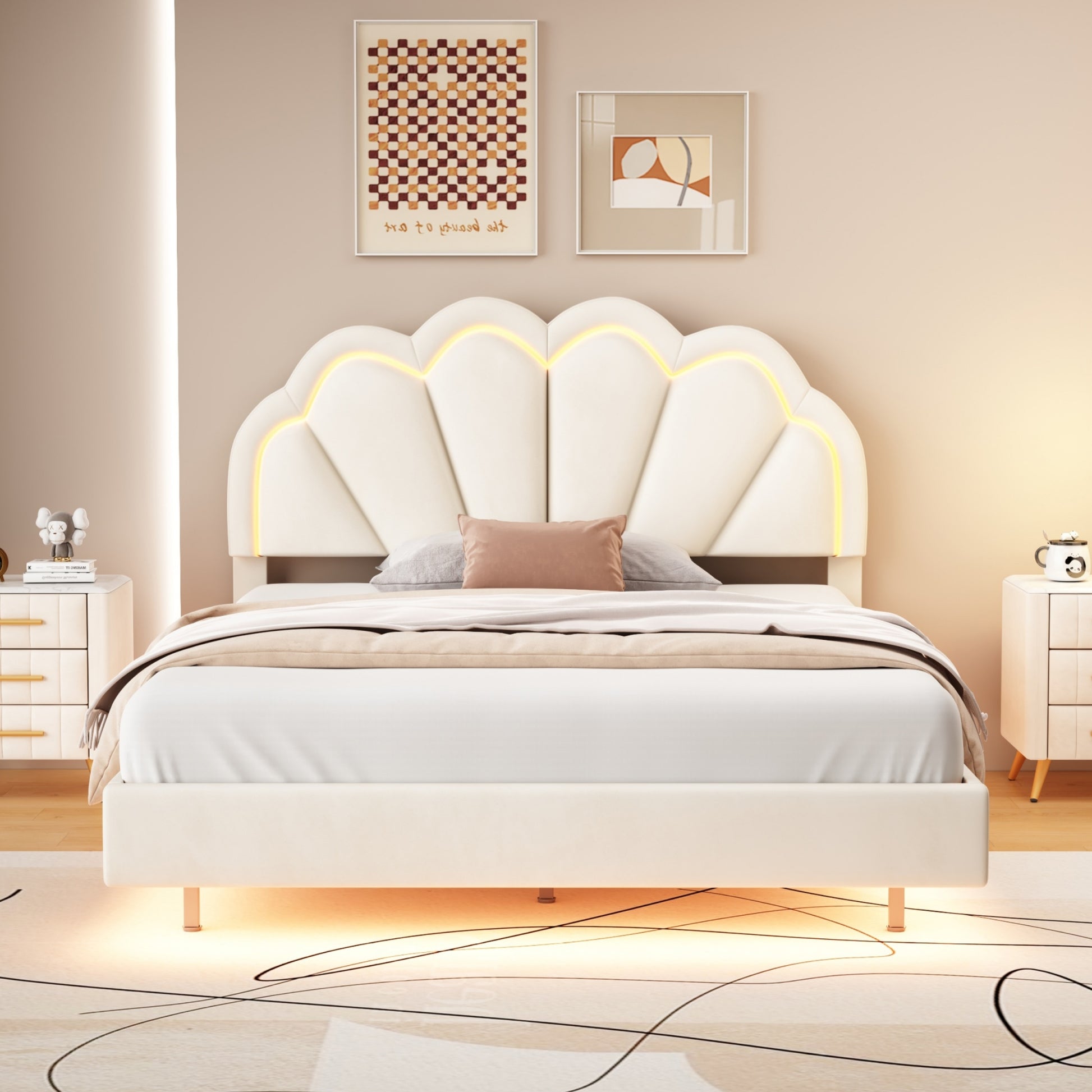 Full Upholstered Smart Led Bed Frame With Elegant Flowers Headboard,Floating Velvet Platform Led Bed With Wooden Slats Support,Beige Beige Velvet