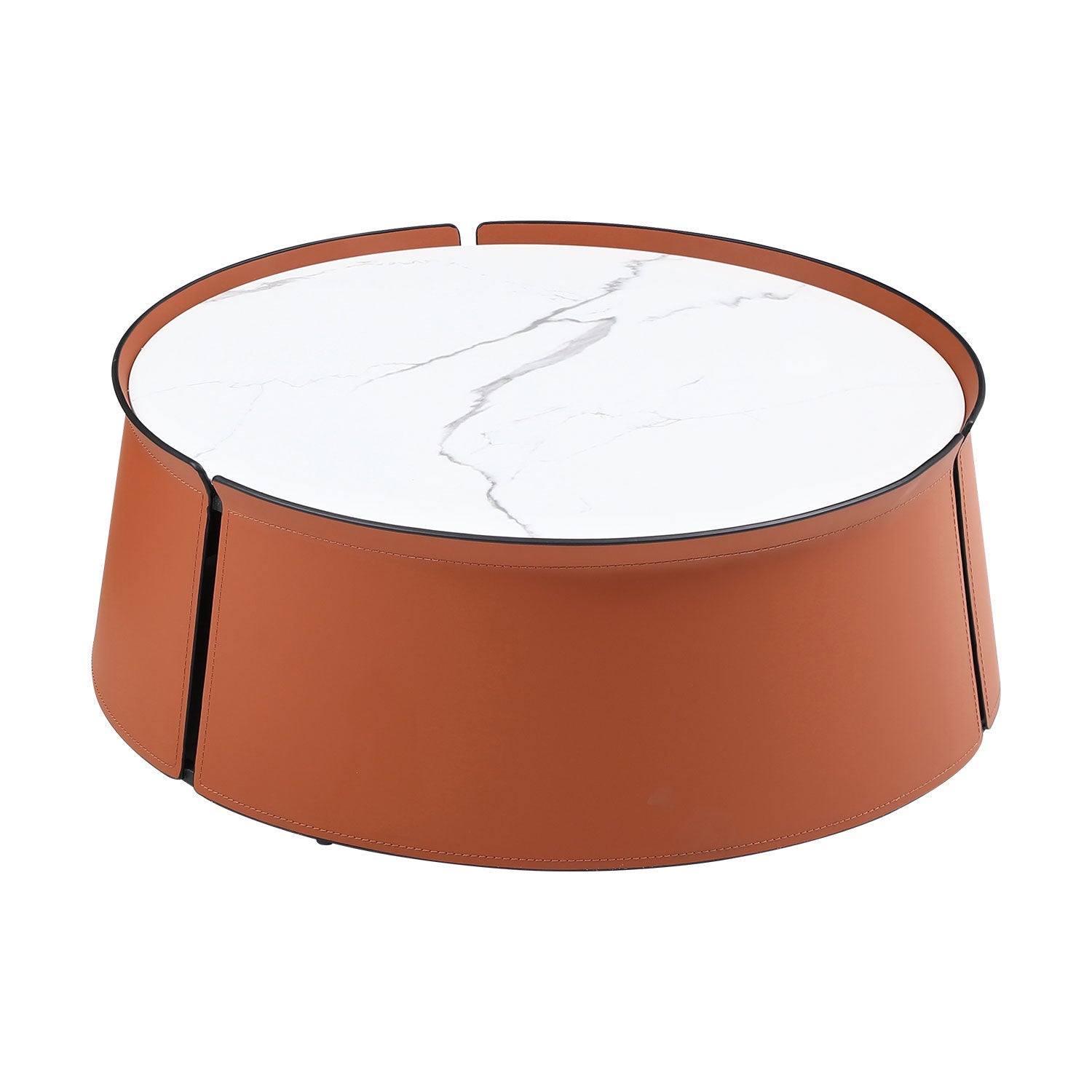 Not Available On 31.5Inch Coffee Table, Marble Top Orange Saddle Leather Body Iron Frame Orange Metal
