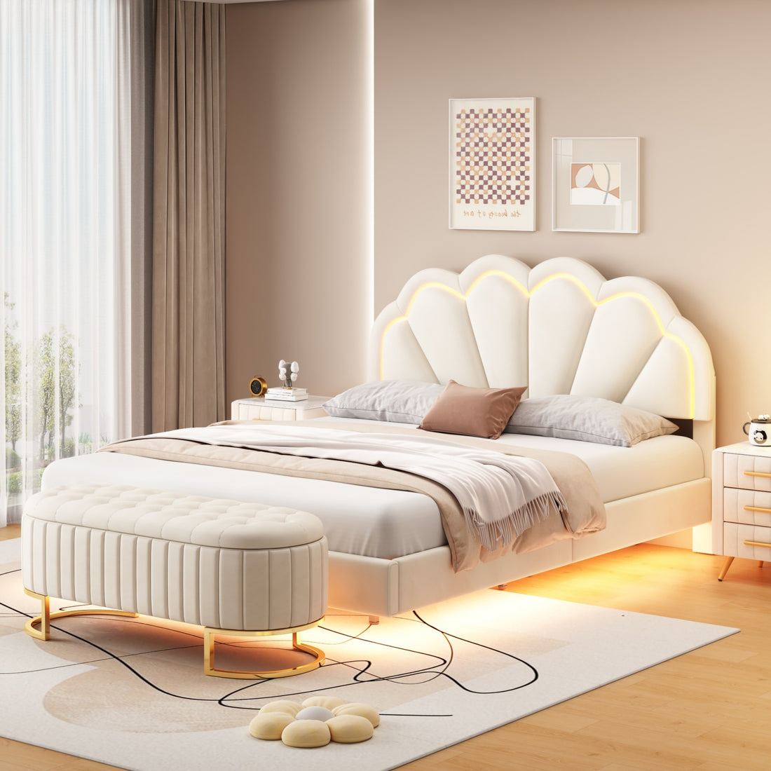 2 Pieces Bedroom Sets,Queen Size Upholstered Led Platform Bed With Storage Ottoman Velvet,Beige Beige Velvet