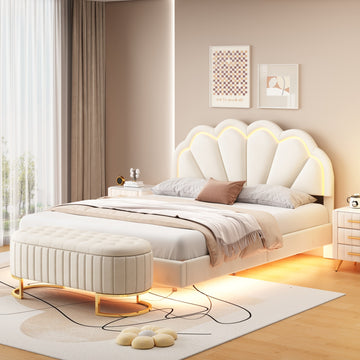 2 Pieces Bedroom Sets,Queen Size Upholstered Led Platform Bed With Storage Ottoman Velvet,Beige Beige Velvet