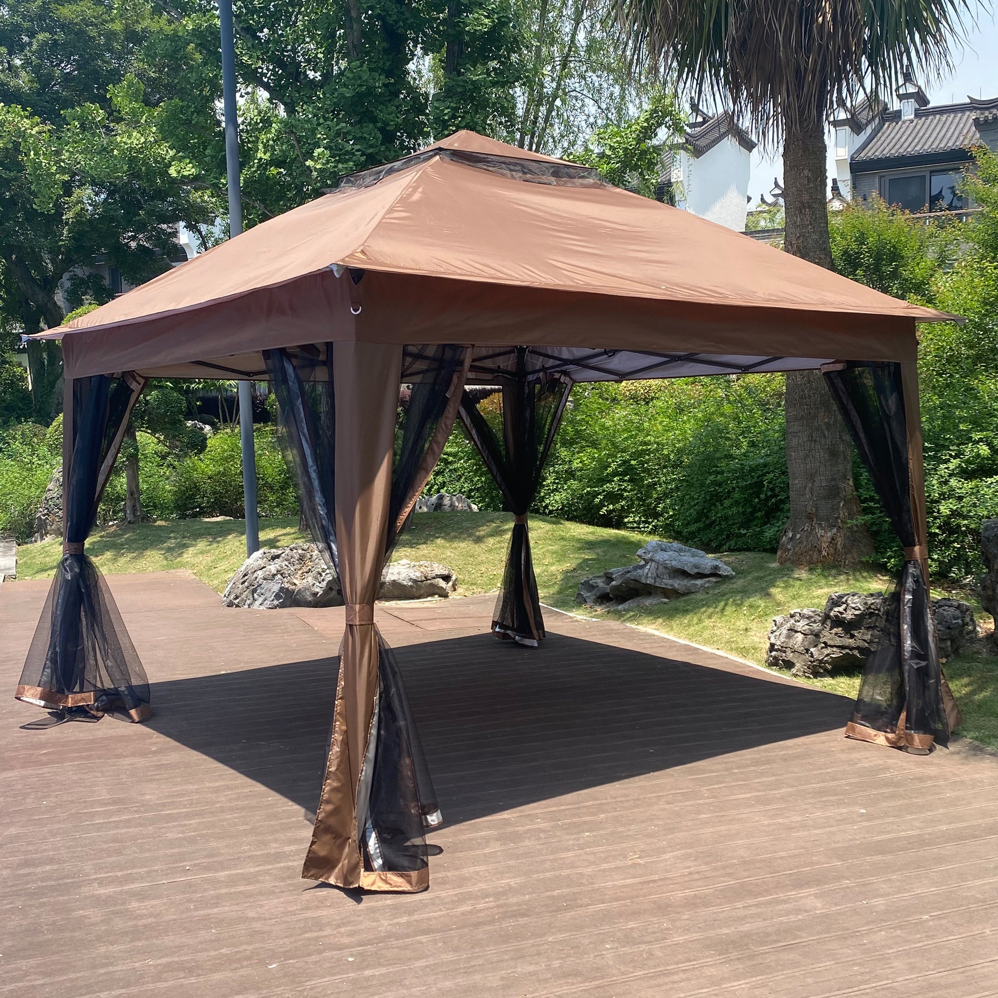 Outdoor 11X 11Ft Pop Up Gazebo Canopy With Removable Zipper Netting,2 Tier Soft Top Event Tent,Suitable For Patio Backyard Garden Camping Area With 4 Sandbags,Brown Brown Metal