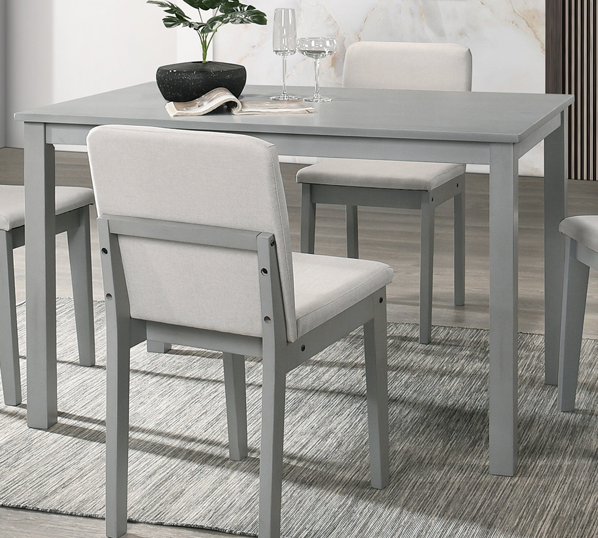 Grey Finish 5Pc Dining Room Set Dining Table 4X Chairs Beige Fabric Chair Seat Kitchen Breakfast Dining Room Furniture Rubberwood Veneer Unique Design Gray Wood Dining Room Rubberwood Rectangular Dining Table With Chair Wood Wood Gray Beige Solid Back