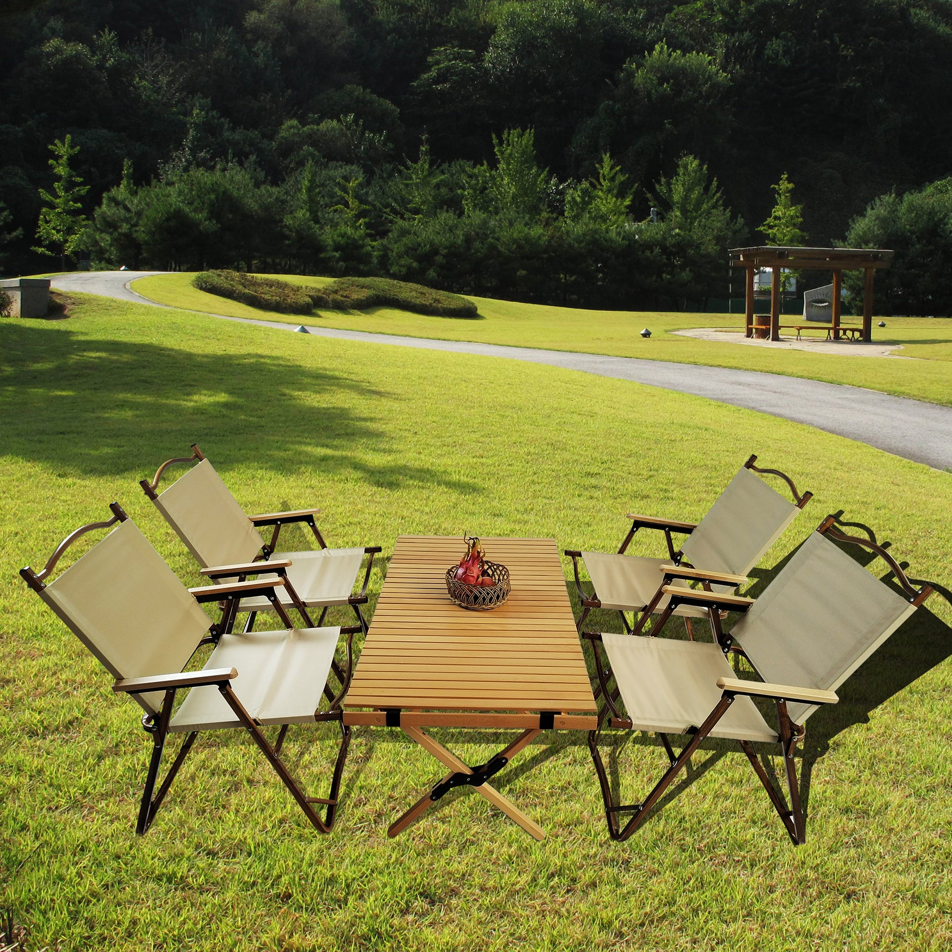 Multi Function Foldable And Portable Dining Set, 1 Dining Table & 4 Folding Chairs, Indoor And Outdoor Universal ,Natural Natural Wood