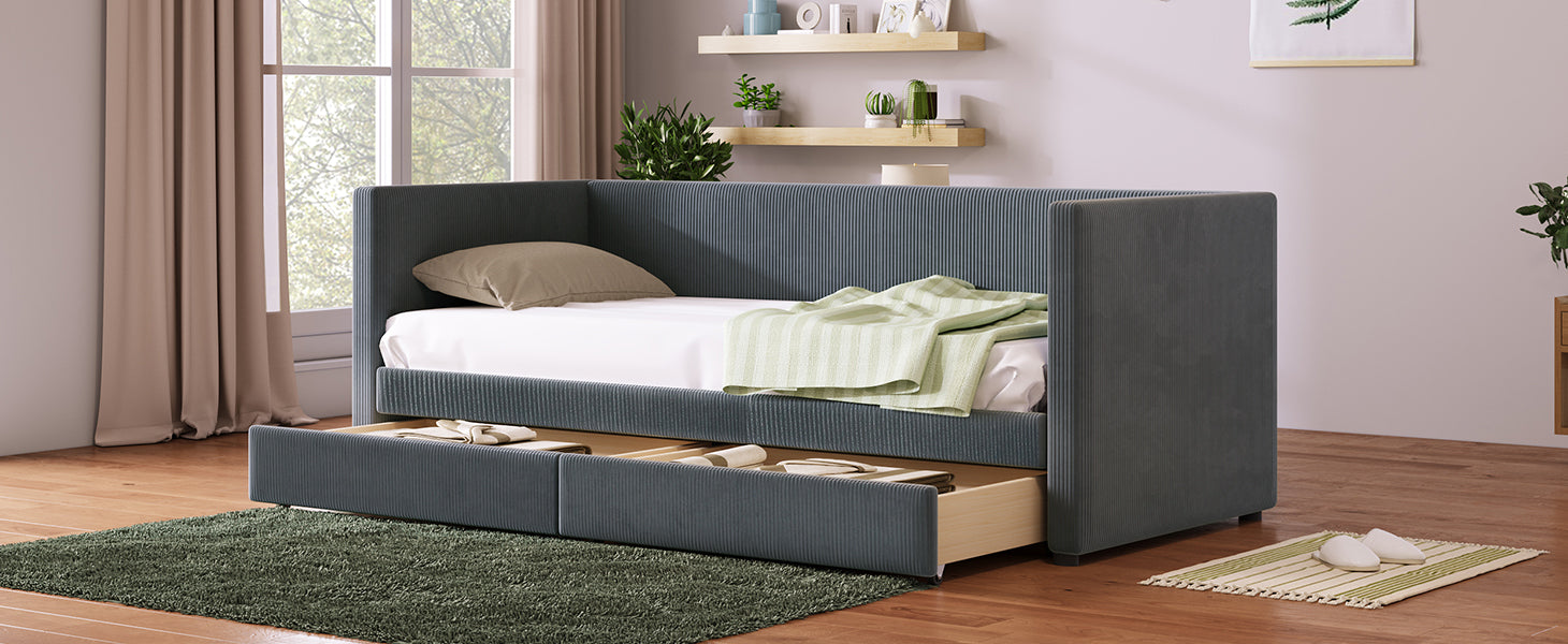 Twin Size Corduroy Daybed With Two Drawers And Wood Slat, Gray Gray Corduroy