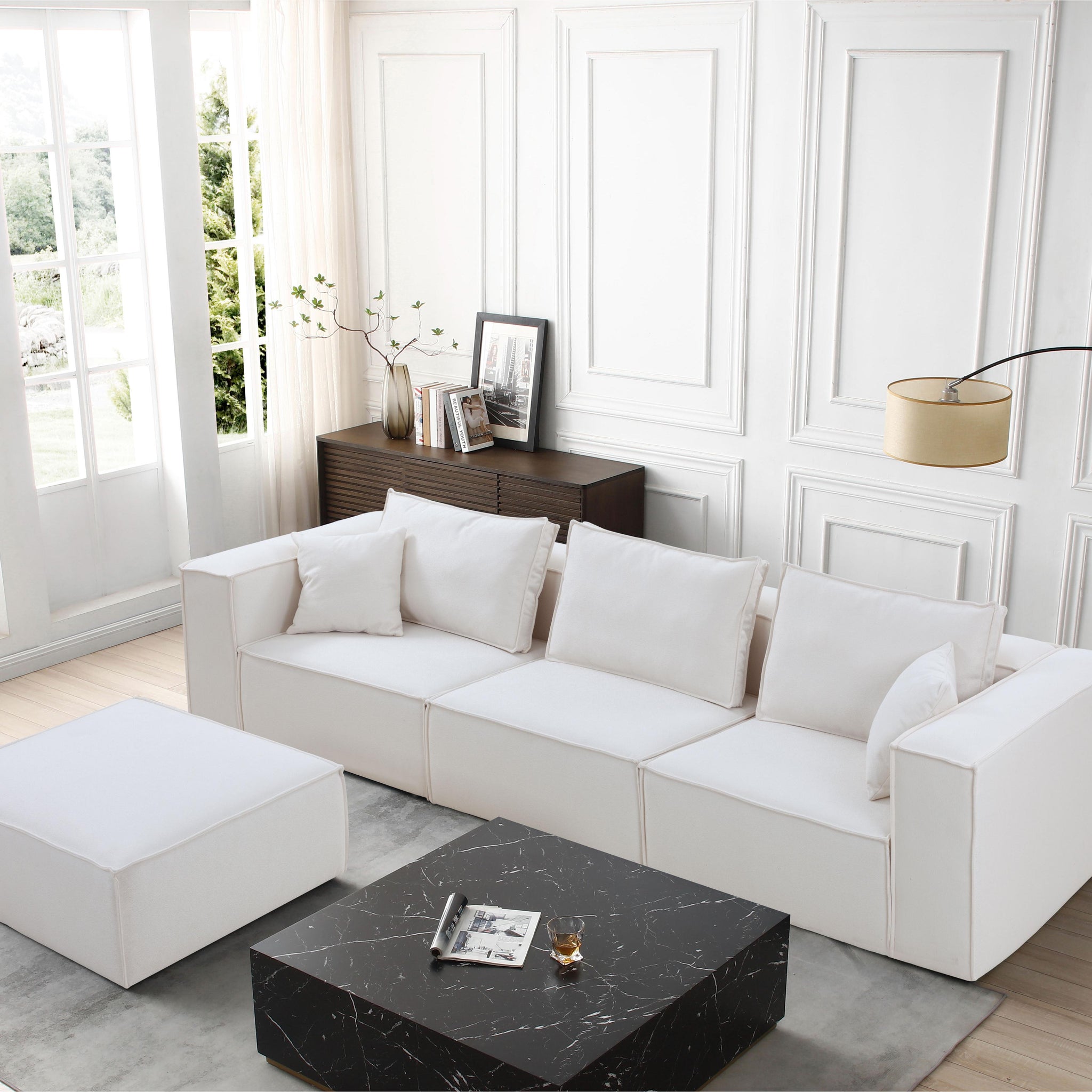 Modular Sectional Living Room Sofa Set, Modern Minimalist Style Couch With Ottoman And Reversible Chaise, L Shape, White White Fabric