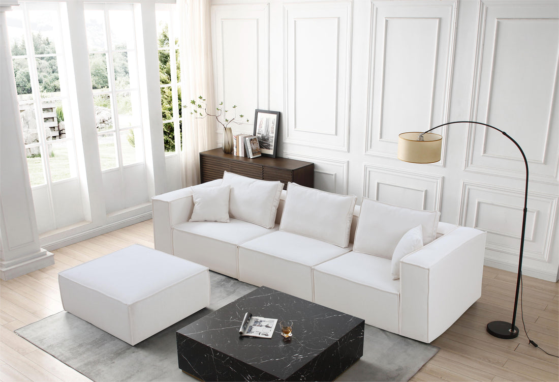 Modular Sectional Living Room Sofa Set, Modern Minimalist Style Couch With Ottoman And Reversible Chaise, L Shape, White White Fabric