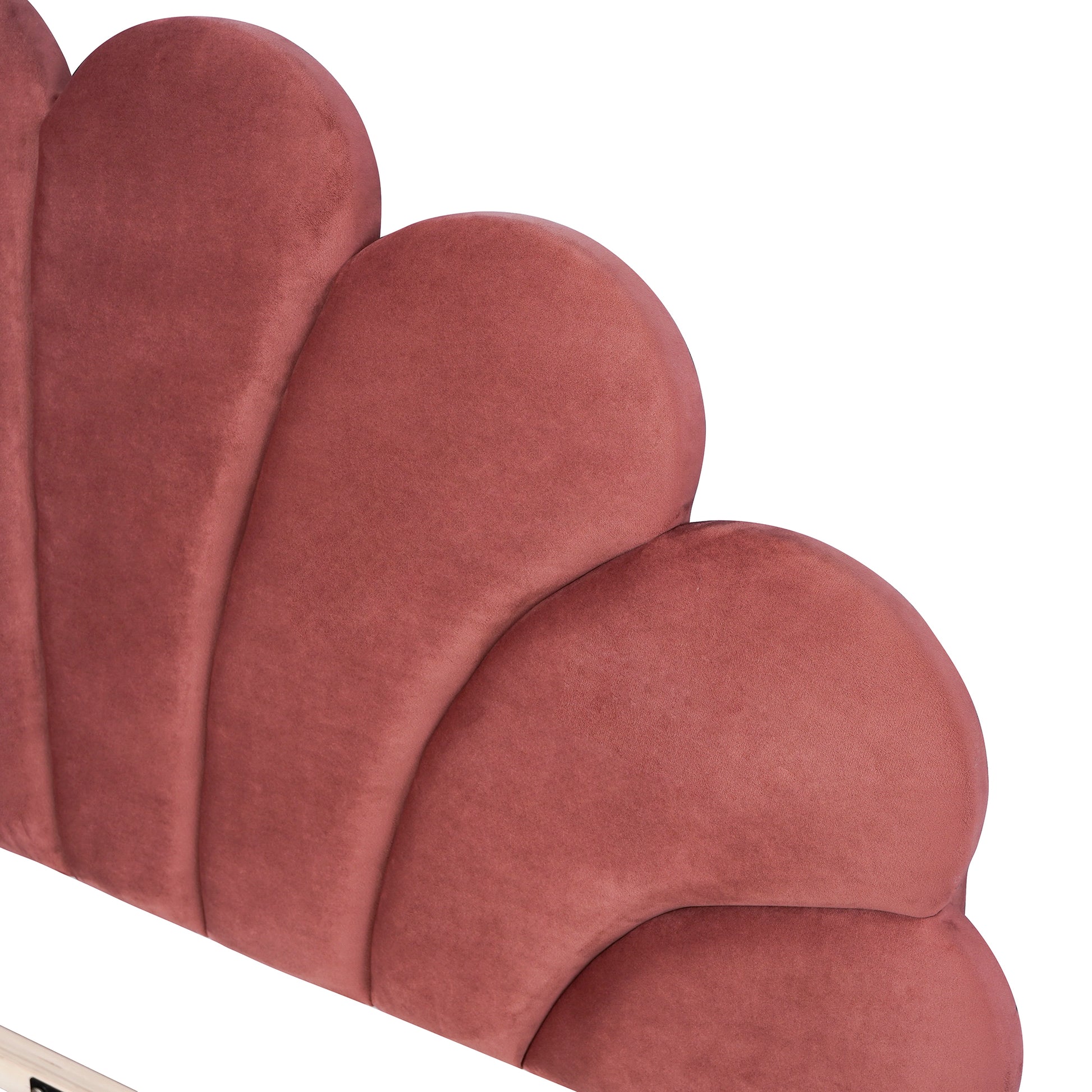 Queen Size Upholstered Platform Bed With Flower Pattern Velvet Headboard, Bean Paste Red Bean Paste Red Velvet