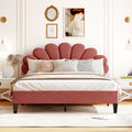 Queen Size Upholstered Platform Bed With Flower Pattern Velvet Headboard, Bean Paste Red Bean Paste Red Velvet