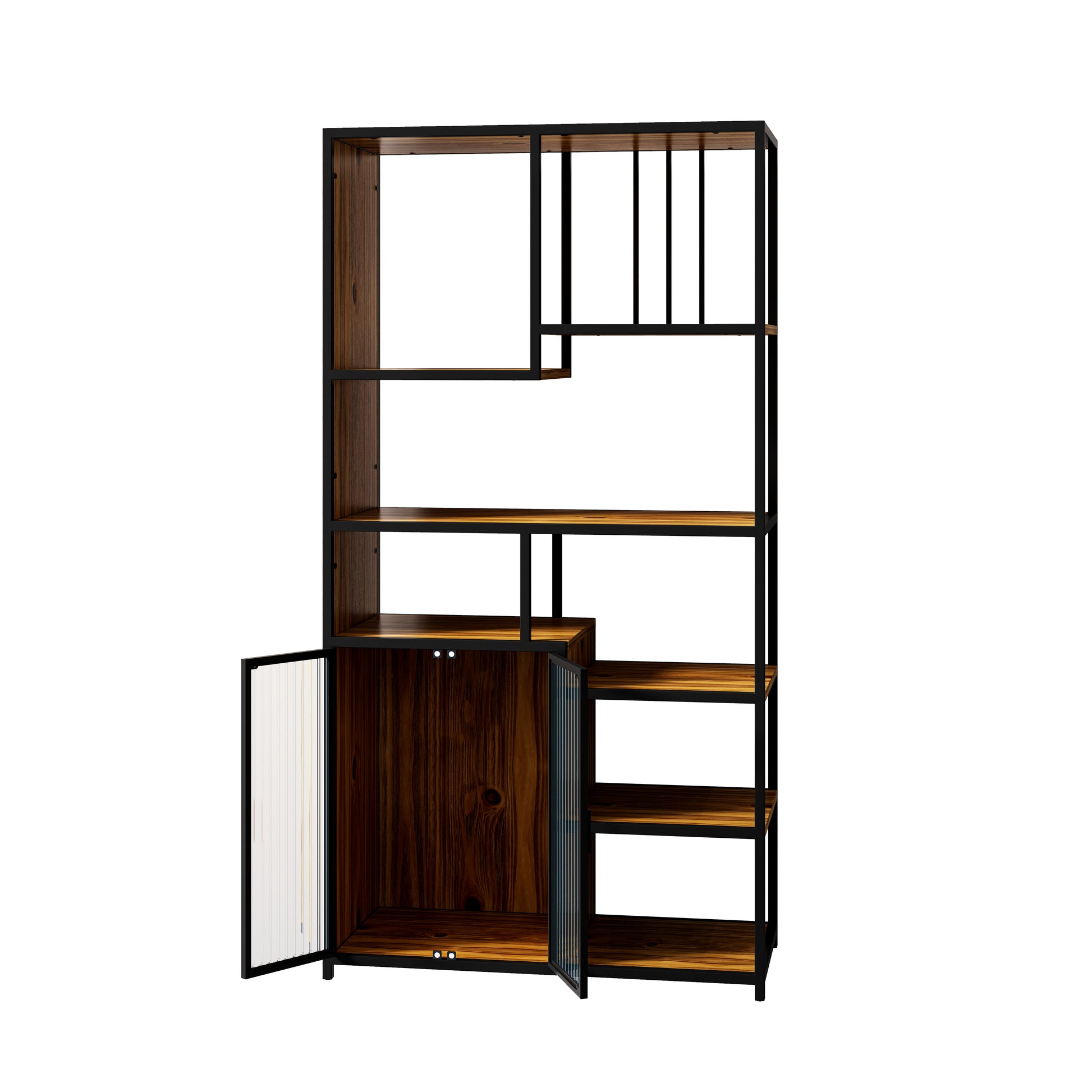 Multipurpose Bookshelf Storage Rack, Left Side With Enclosed Storage Cabinet,For Living Room,Home Office,Kitchen Black Brown Metal & Wood