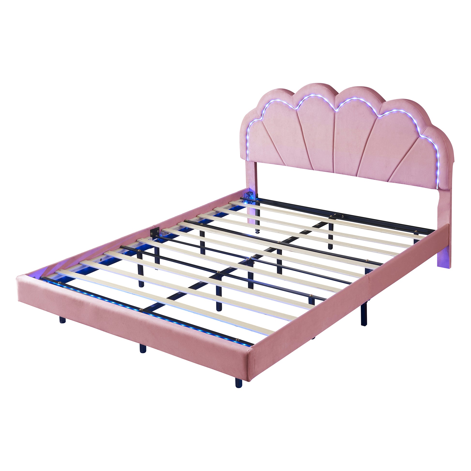 2 Pieces Bedroom Sets,Queen Size Upholstered Led Platform Bed With Storage Ottoman Velvet,Pink Pink Velvet