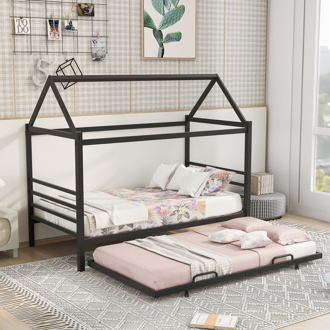 Twin Size Metal House Shape Platform Bed With Trundle,Black Box Spring Not Required Twin Black Metal Bedroom Bed Frame Metal