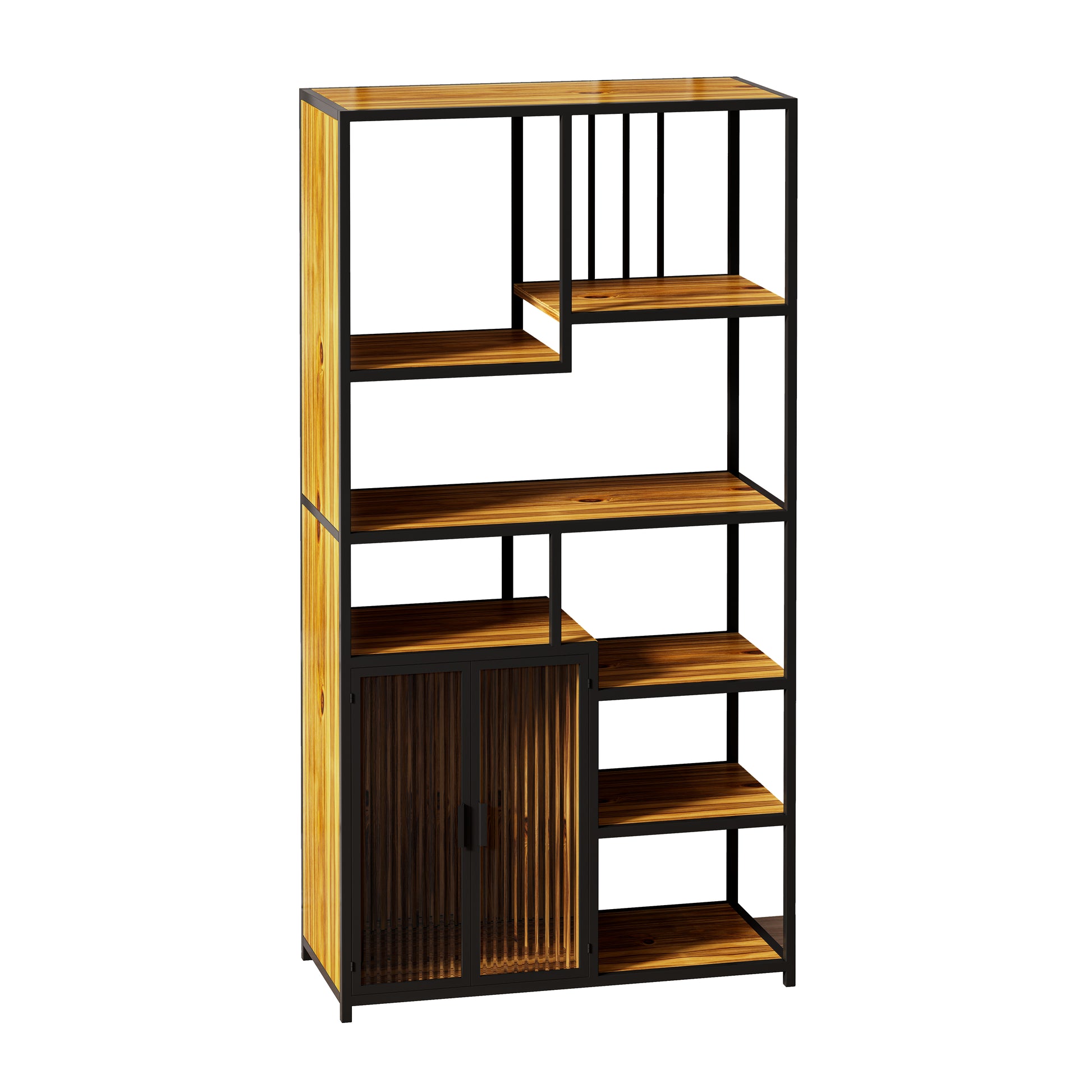 Multipurpose Bookshelf Storage Rack, Left Side With Enclosed Storage Cabinet,For Living Room,Home Office,Kitchen Black Brown Metal & Wood