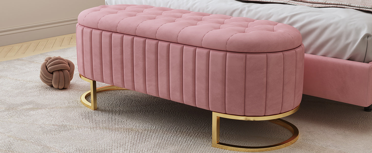 Elegant Upholstered Velvet Storage Ottoman With Button Tufted,Storage Bench With Metal Legs For Bedroom,Living Room,Fully Assembled Except Legs,Pink Pink Velvet