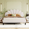 Queen Size Upholstered Platform Bed With Flower Pattern Velvet Headboard, Beige Beige Velvet