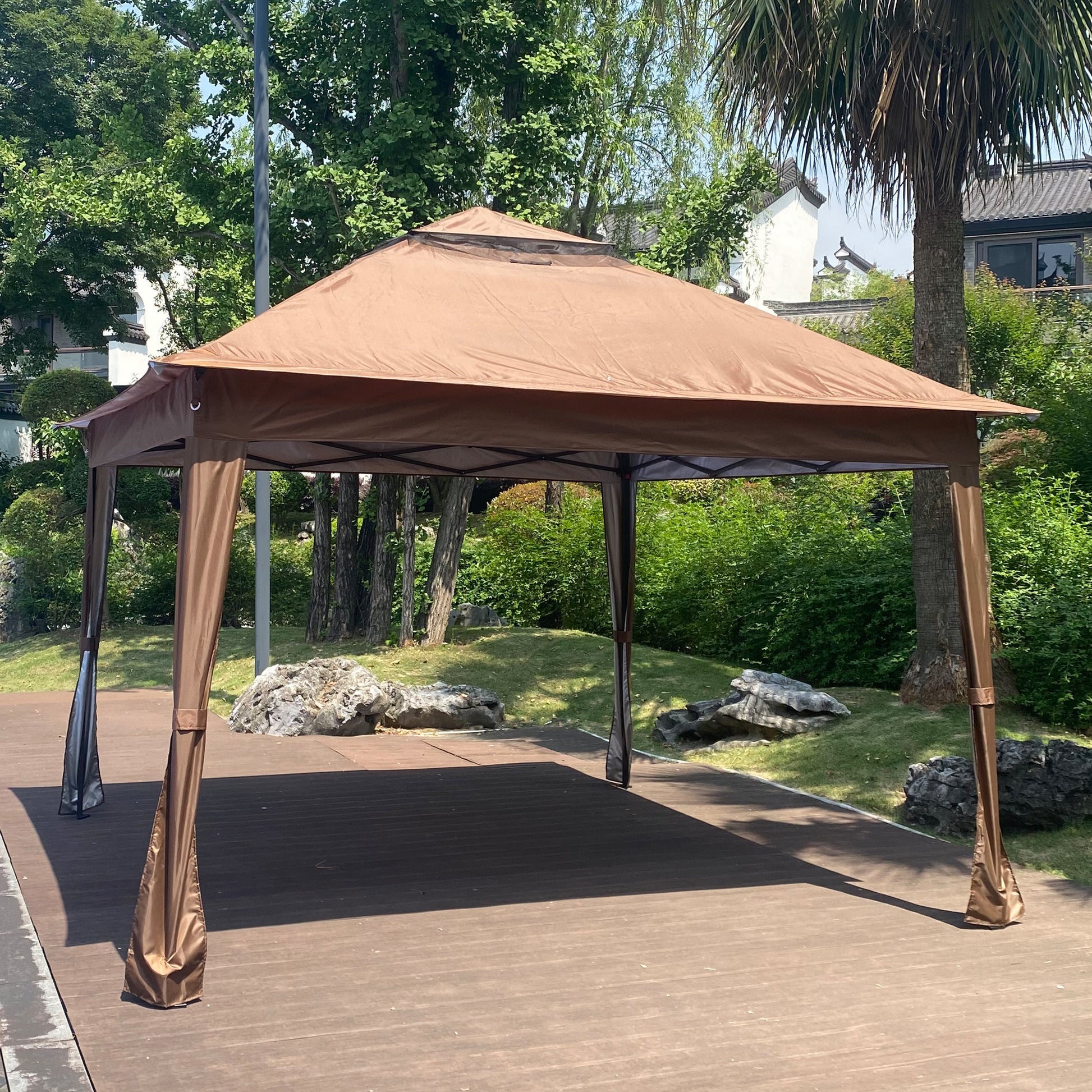 Outdoor 11X 11Ft Pop Up Gazebo Canopy With Removable Zipper Netting,2 Tier Soft Top Event Tent,Suitable For Patio Backyard Garden Camping Area With 4 Sandbags,Brown Brown Metal