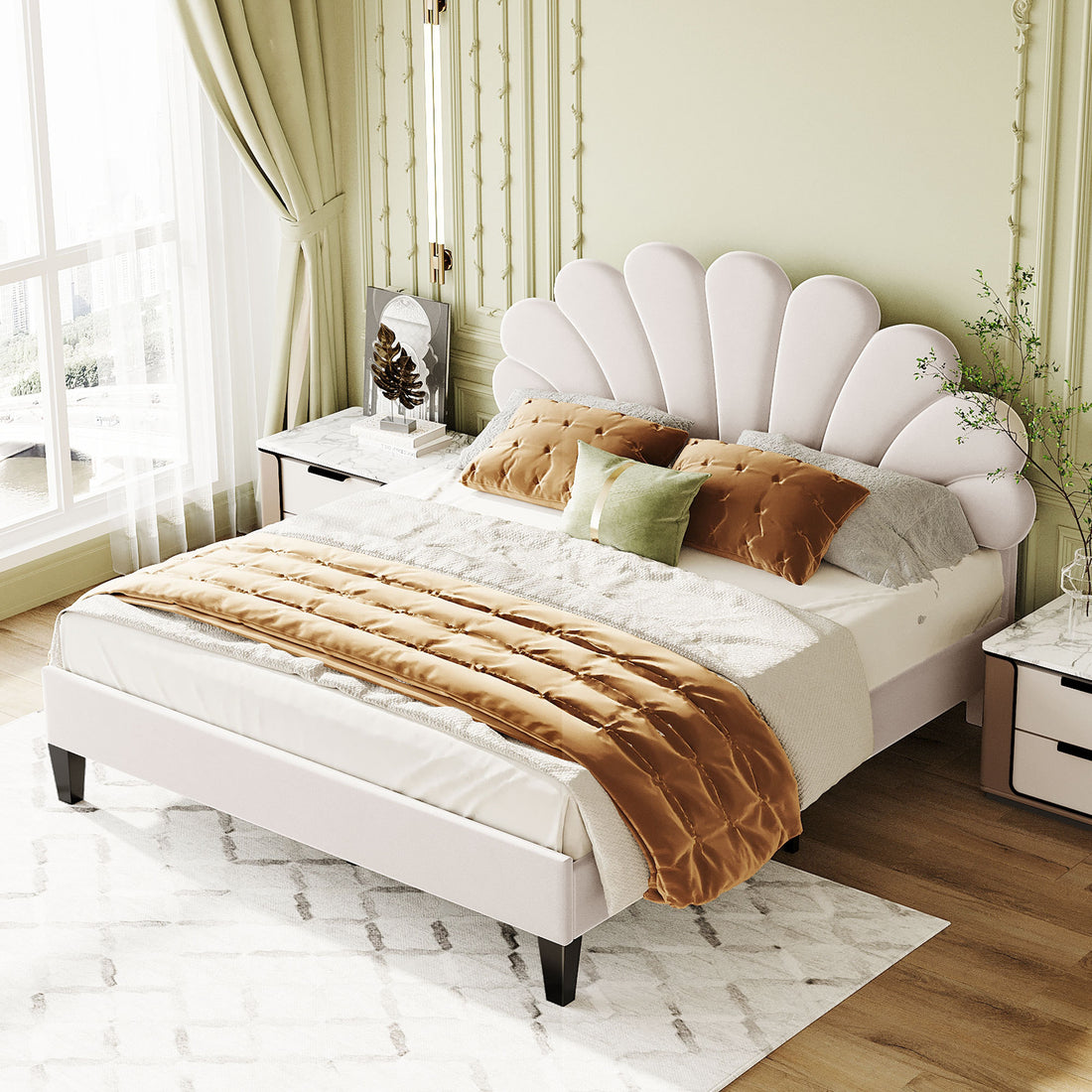 Queen Size Upholstered Platform Bed With Flower Pattern Velvet Headboard, Beige Beige Velvet