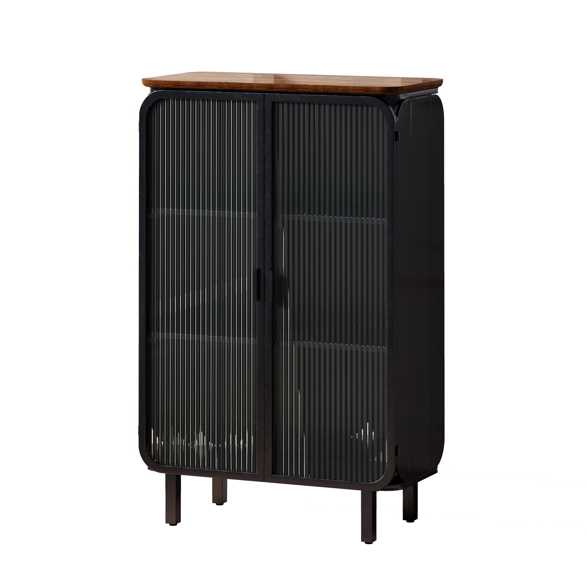 28.35"Glass Doors Modern Two Door Cabinet With Featuring Three Tier Storage,Unique Fir Cabinet Top,For Entryway,Living Room,Home Office,Dining Room Black Brown Metal & Wood